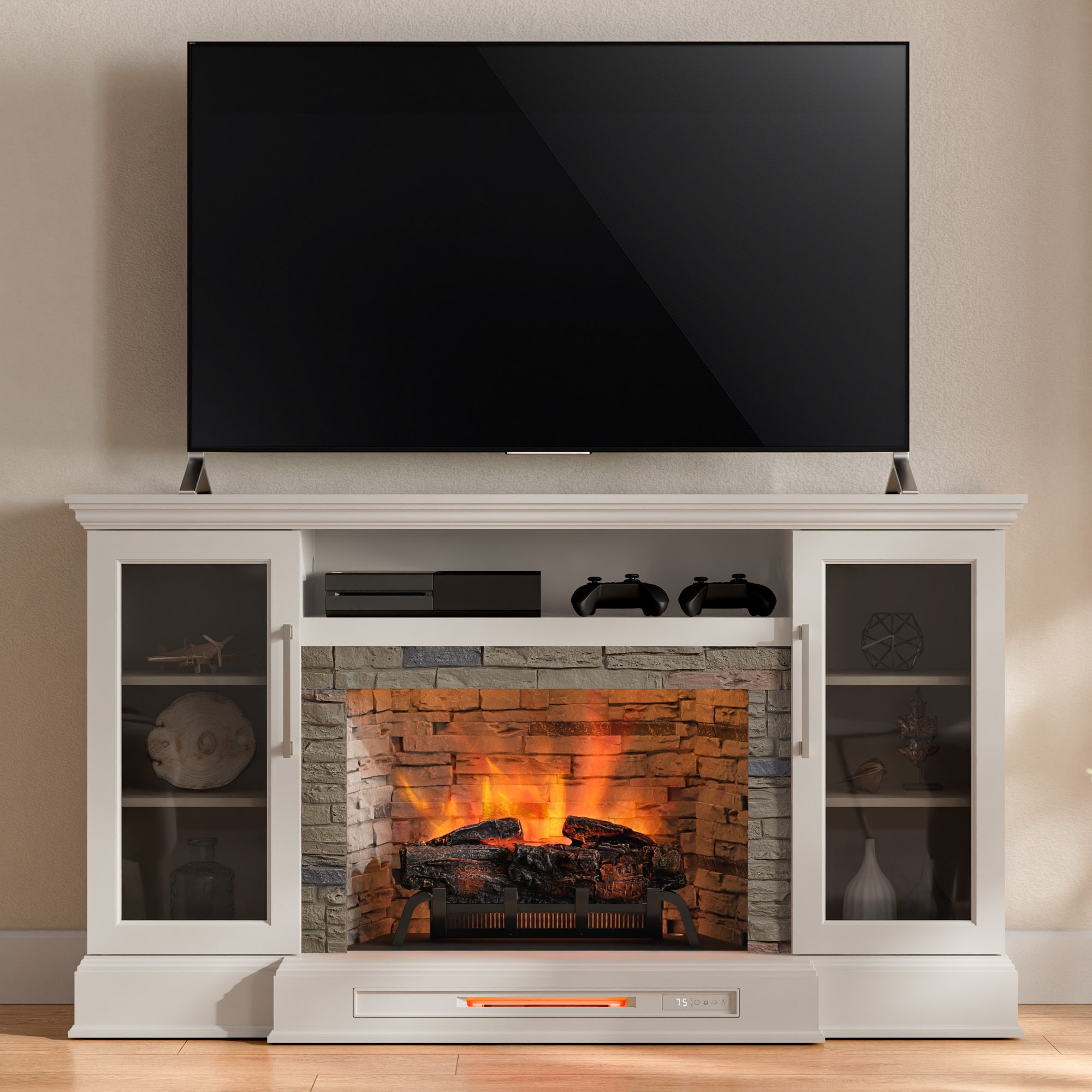 66-in W Flaxen Infrared Quartz Electric Fireplace in Off-White | - allen + roth 2465FM-28-402