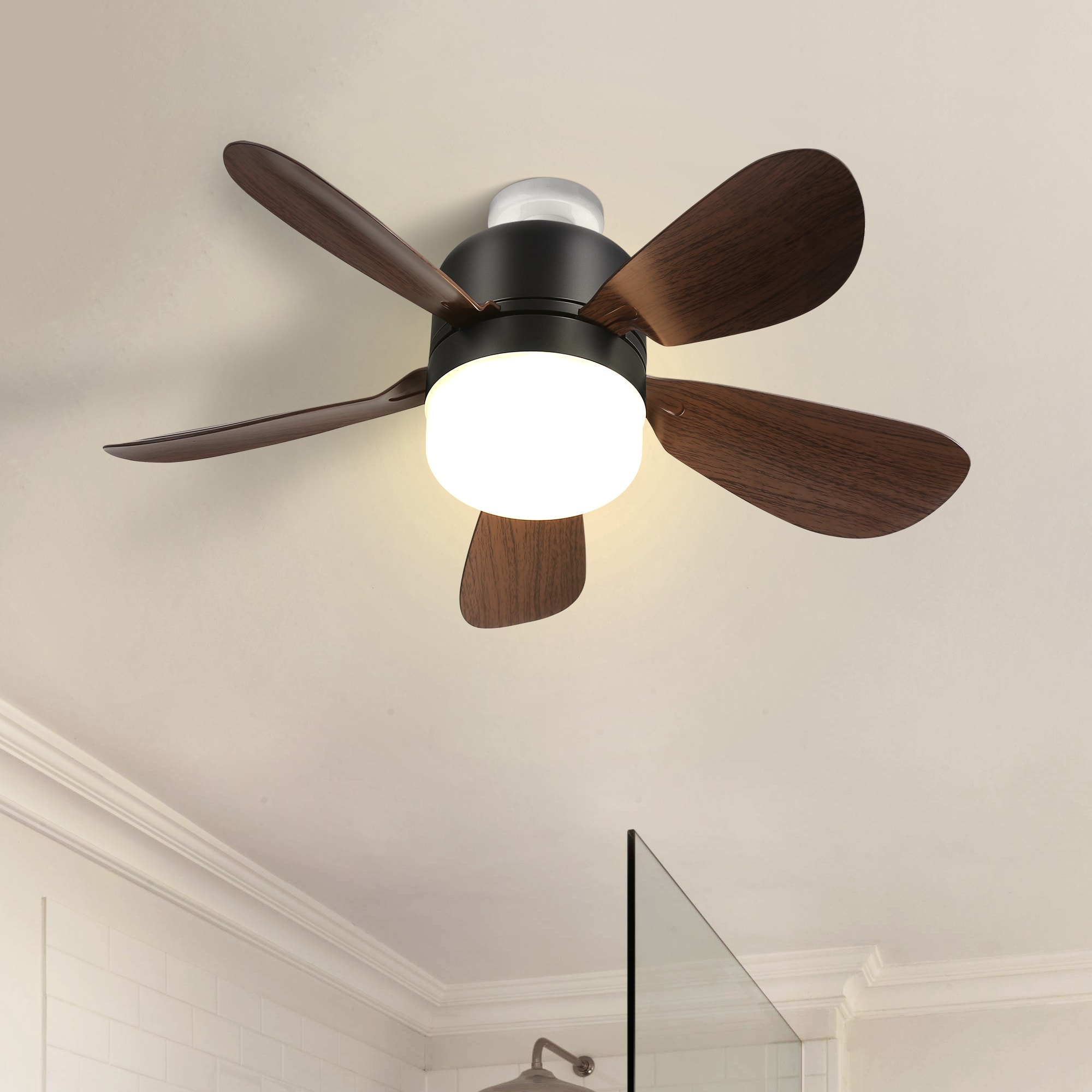 BABOOM BOM-230196-OR Socket Light Ceiling Fan 16-in Integrated LED Flush Mount Brown with PC Blades Plug-in Ceiling Fan With Light - Remote Included ( 5 -Blade )