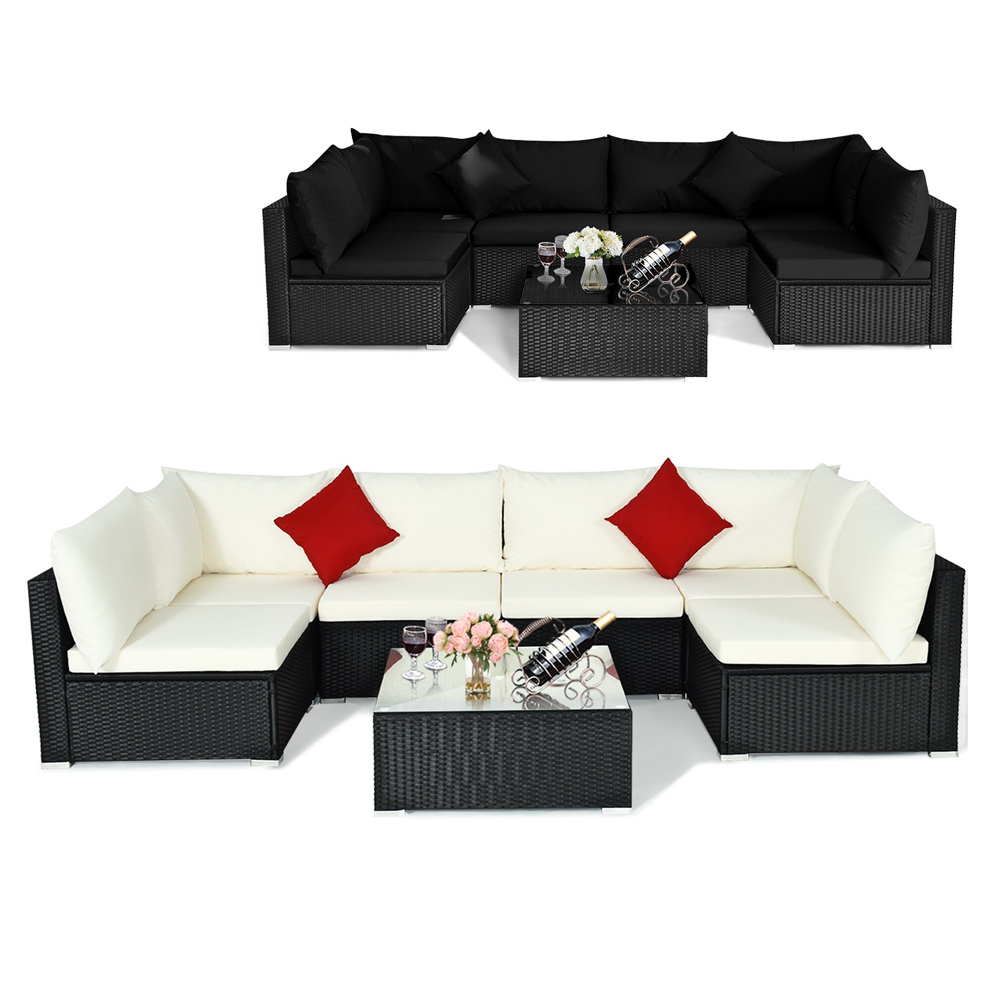 Costway HW70659WB+ 7 -Piece Wicker 2 Patio Sofa Conversation Set with Black Cushions