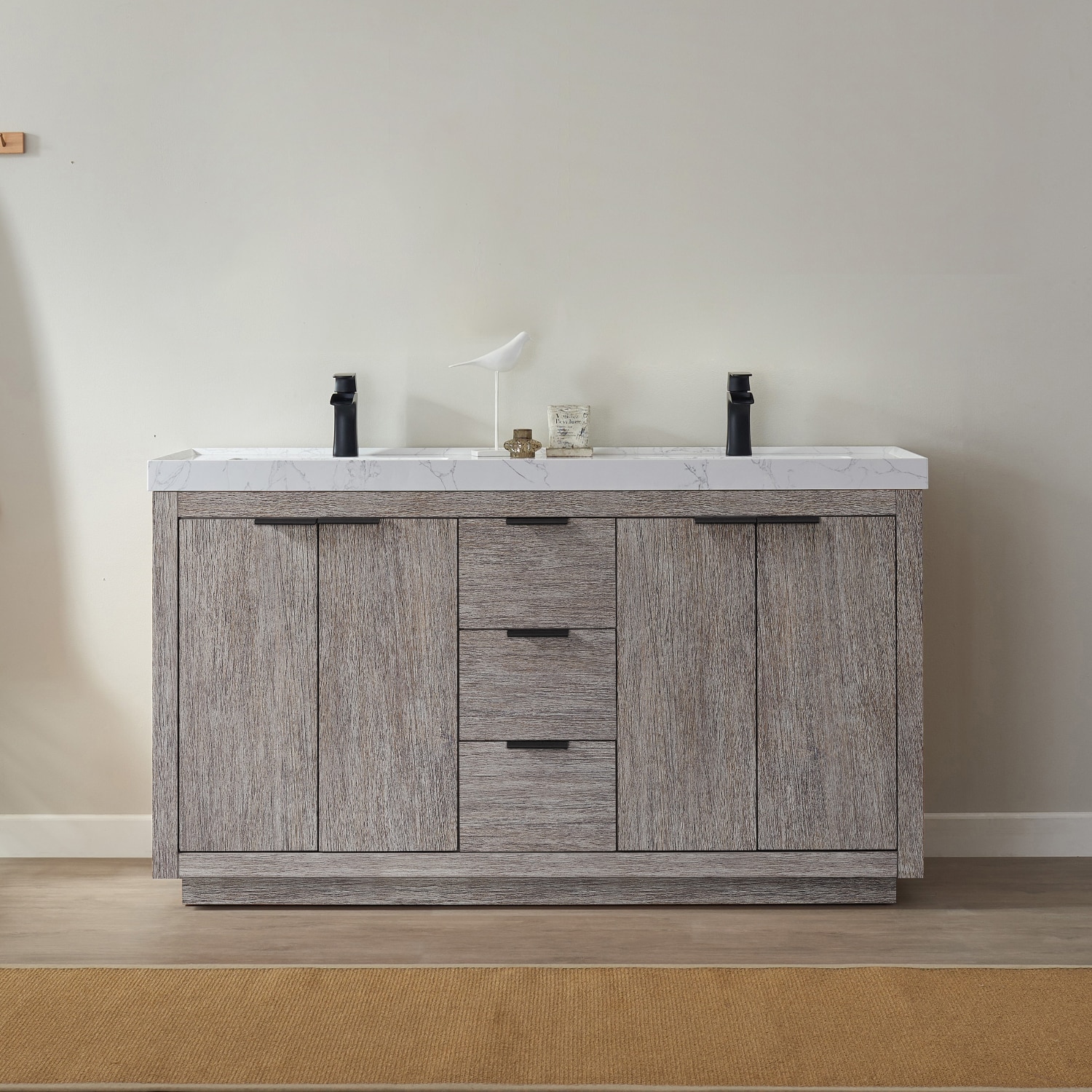 Vinnova 701560-CR-GW-NM Leiza 60-in Classical Gray Undermount Double sink Bathroom Vanity with White Sintered stone Top