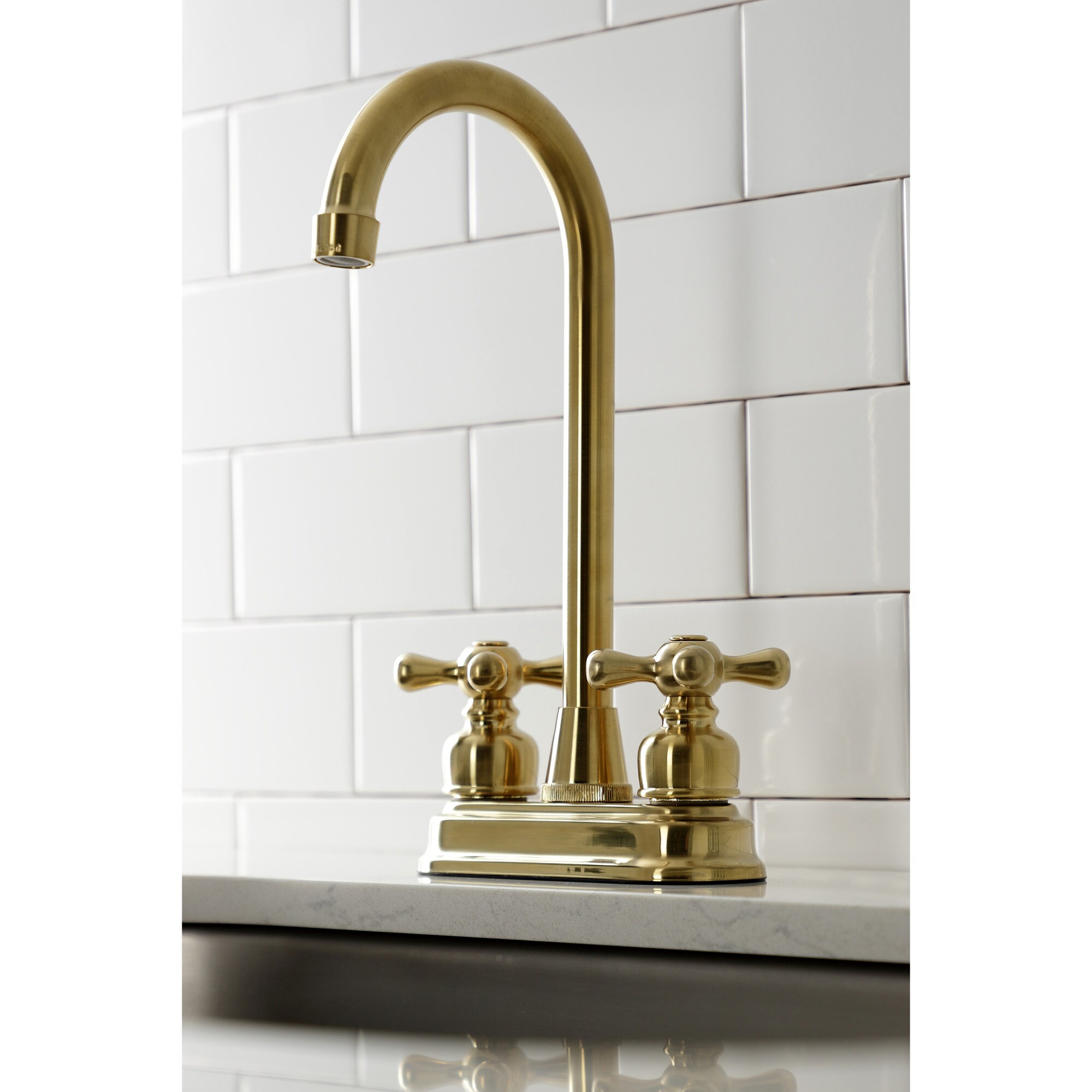 Kingston Brass WLKB497AXSB Victorian Brushed brass Double Handle Deck-mount Bar and Prep Kitchen Faucet ( Deck Plate Included )