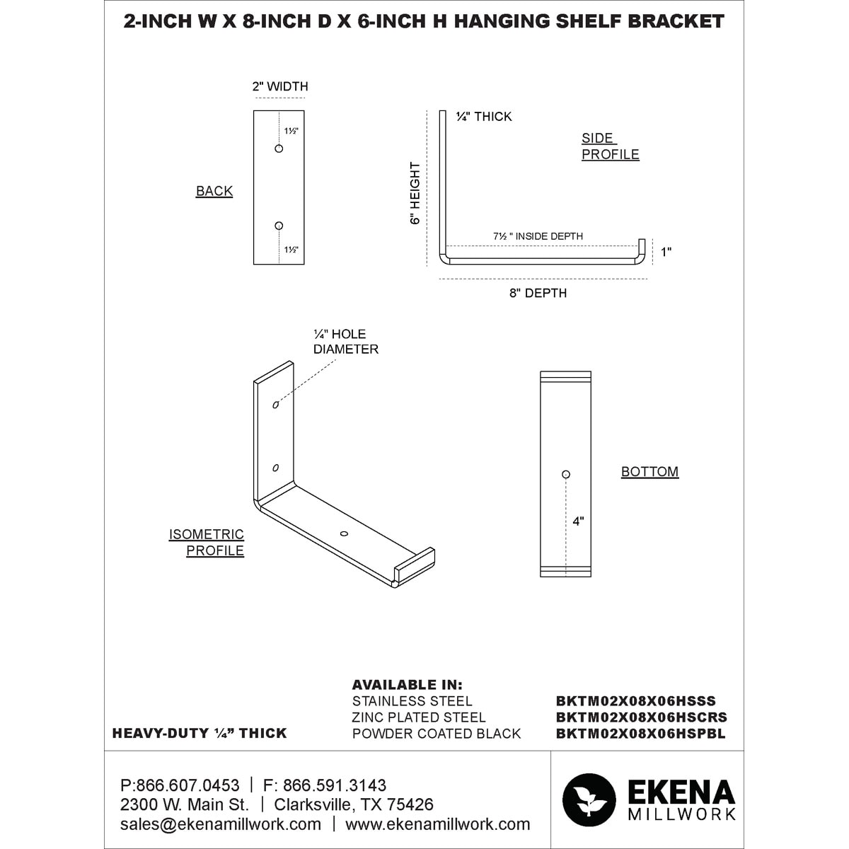 Ekena Millwork BKTM02X08X06HSCRS Mending-Plates-Brackets-Braces - View #2
