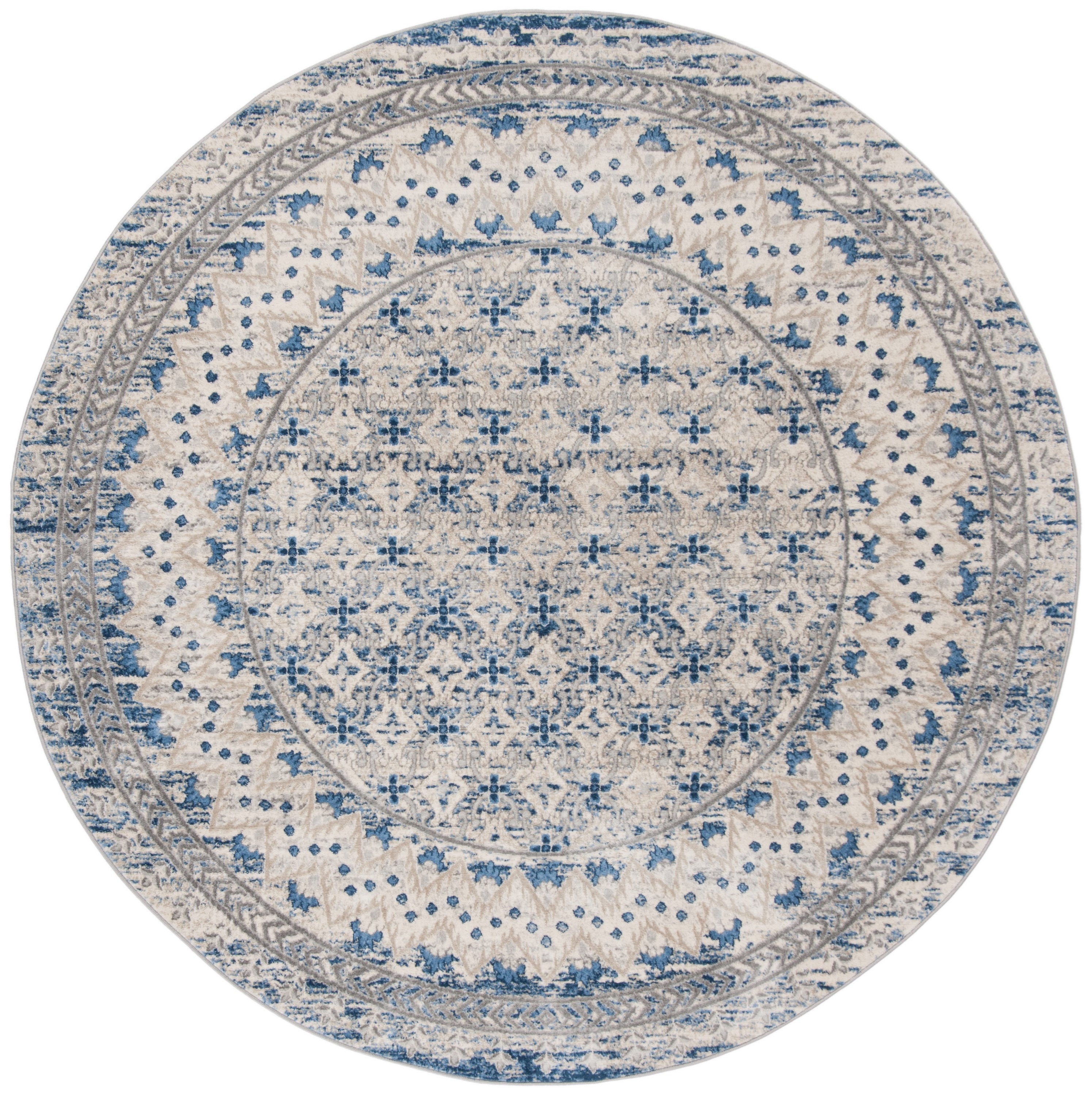 Light Gray and Blue Round Stain-Resistant Synthetic Area Rug