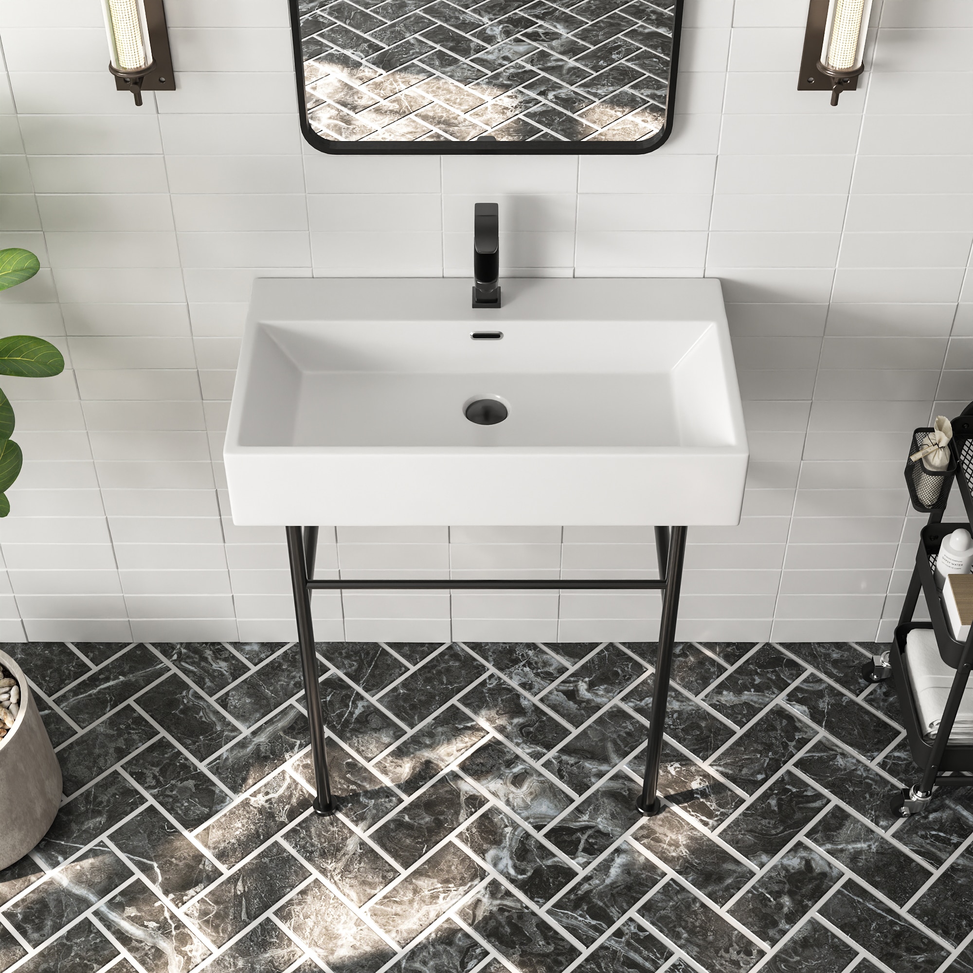30" White Ceramic Console Sink with Black Stainless Steel Legs