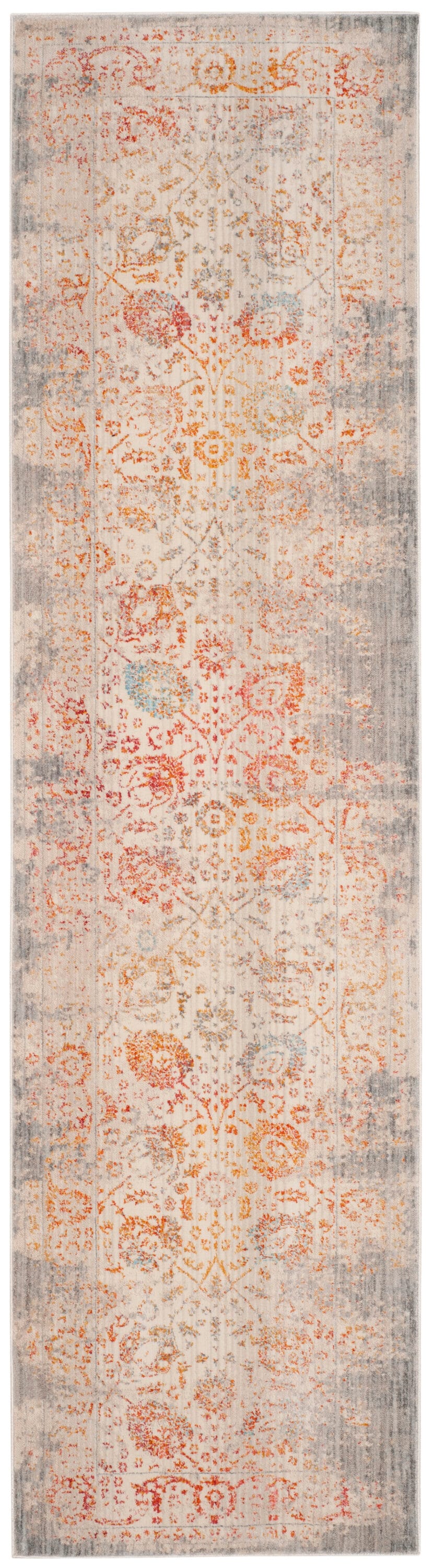 Gray Multi-Color Floral Motif Synthetic Runner Rug