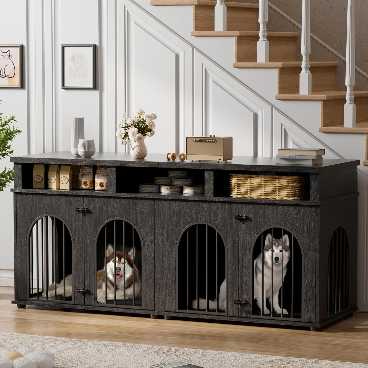 IdealHouse Double Dog Crate Furniture 71 in Dog Kennel Furniture for 2 ...