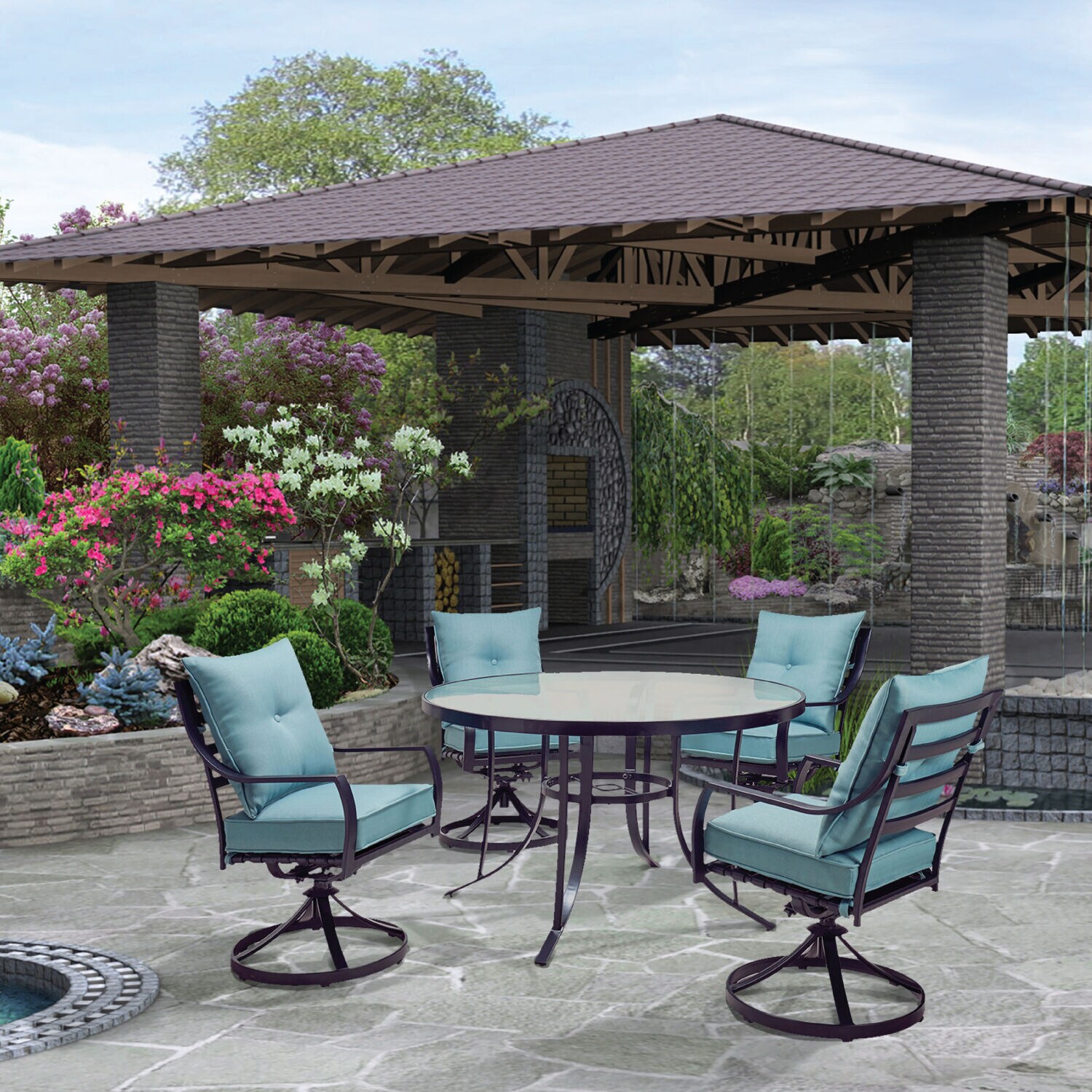 Sleek Modern 5-Piece Outdoor Dining Set with Swivel Rockers and Glass-Top Table