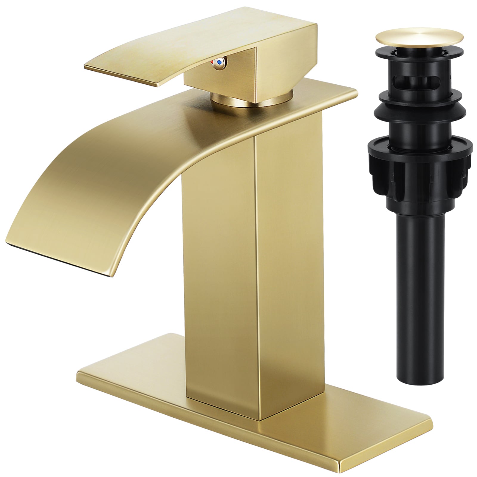 BOKETTO TPLT-003LSJ-DP-XS TPLT-003 Brushed Gold Single hole 1-handle Waterfall Commercial/Residential Handle Bathroom Sink Faucet with Drain with Deck Plate