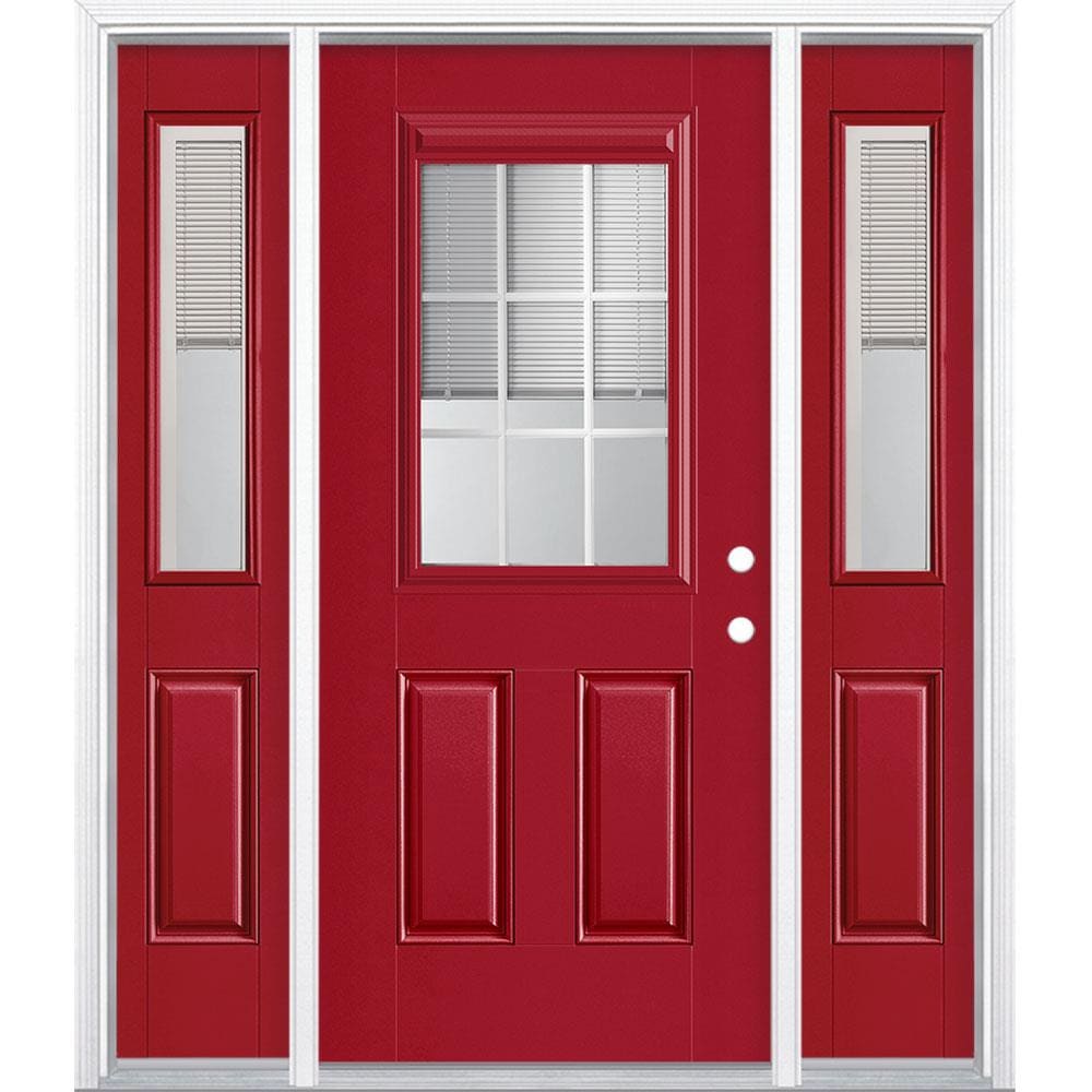 Masonite 1218580 60-in x 80-in Fiberglass Half Lite Left-Hand Inswing Roma Red Painted Prehung Single Front Door with Sidelights with Brickmould Insulating Core with Blinds