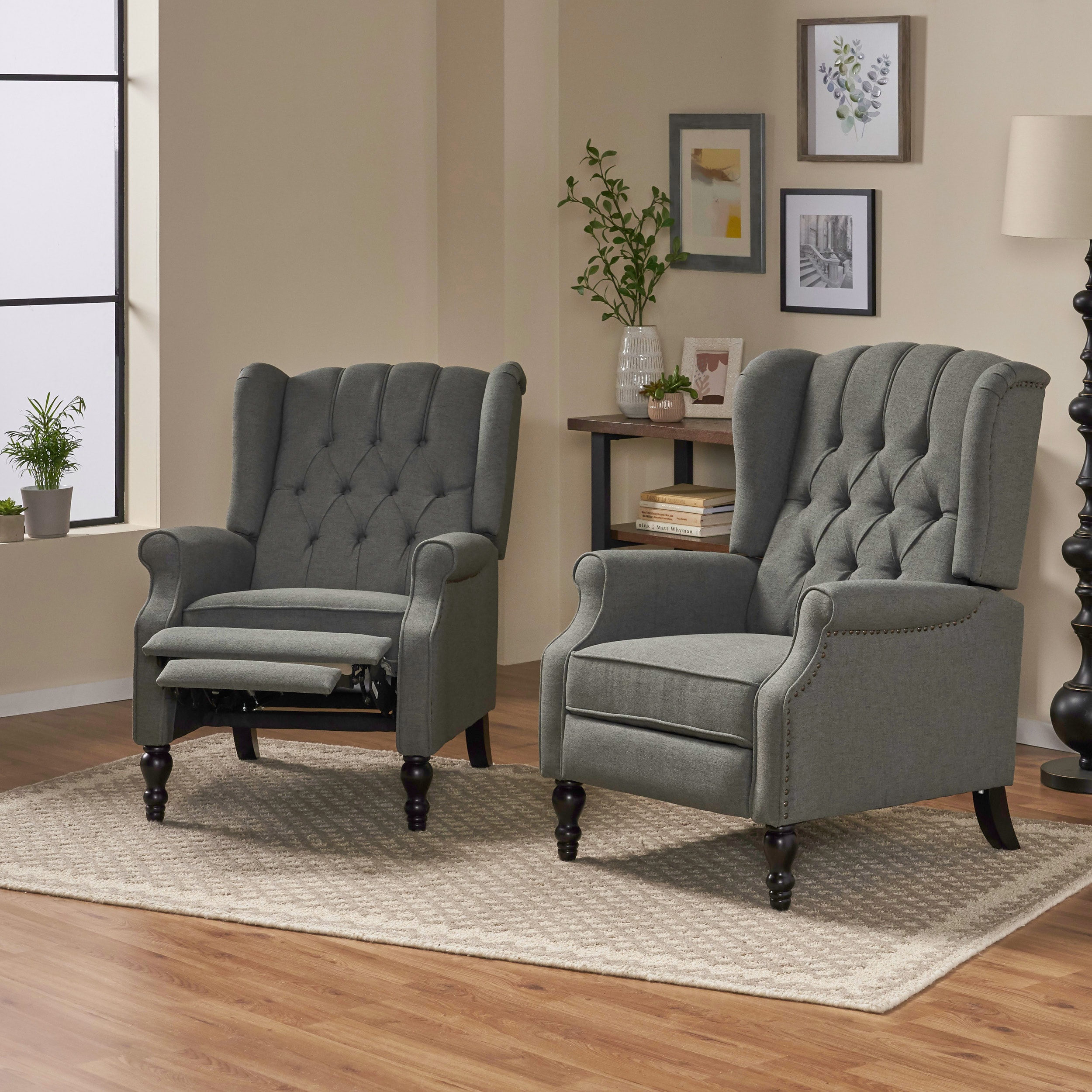 Elizabeth Charcoal Tufted Wingback Wood Recliner with Nailhead Accents