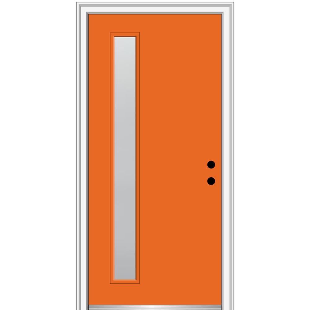 MMI DOOR ZZ347265L Spotlights 32-in x 80-in x 4-9/16-in Fiberglass Pulse lite Left-hand inswing Tangerine Painted Prehung Front Door with Brickmould Insulating core