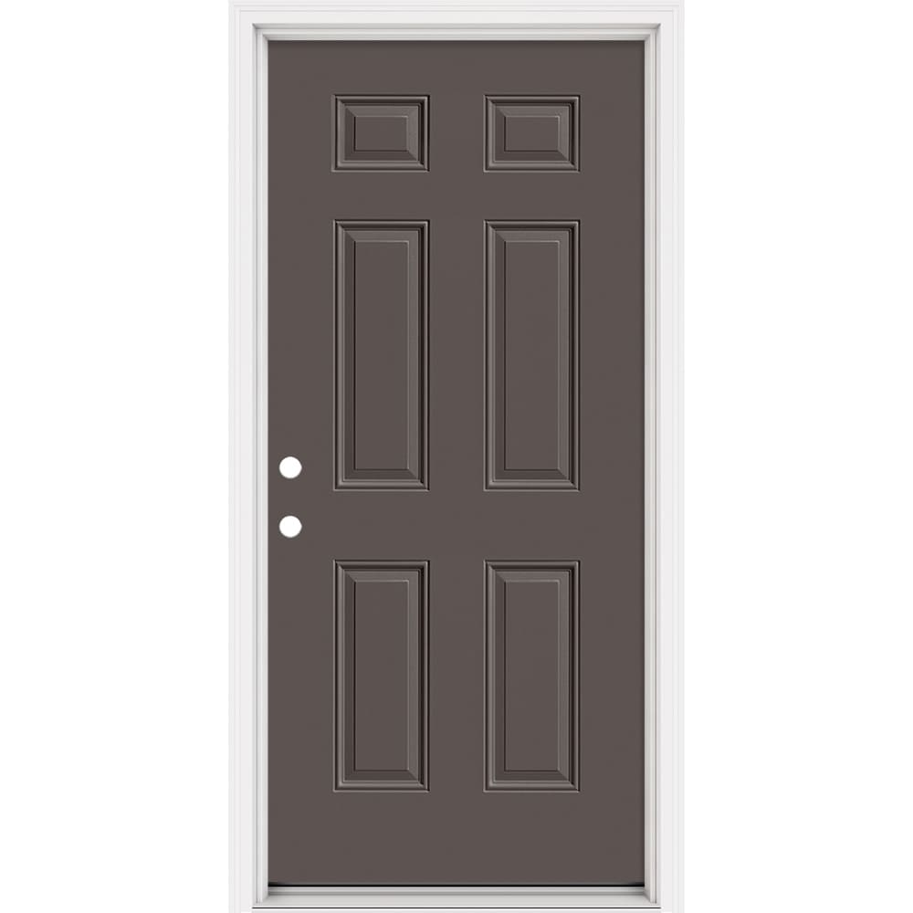Masonite 321072 Steel Doors Series 36-in x 80-in x 4-9/16-in Steel No glass Right-hand inswing Timber Gray Painted Prehung Front Door with Brickmould Insulating core
