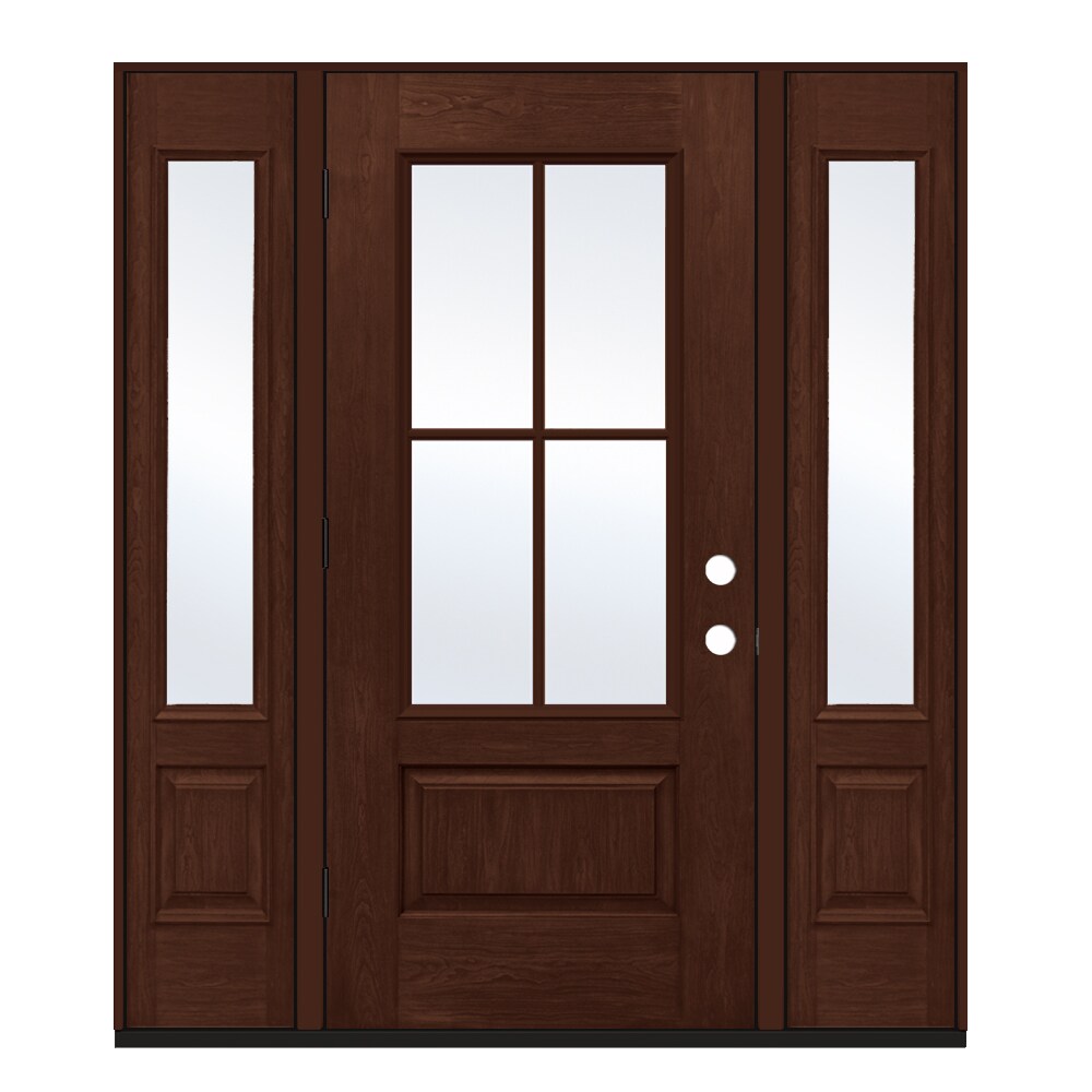 JELD-WEN LOWOLJW232500004 64-in x 80-in x 4-9/16-in Fiberglass 3/4 lite Right-hand outswing Coffee Bean Stained Prehung Single door with sidelights Front Door Insulating core Simulated divided light