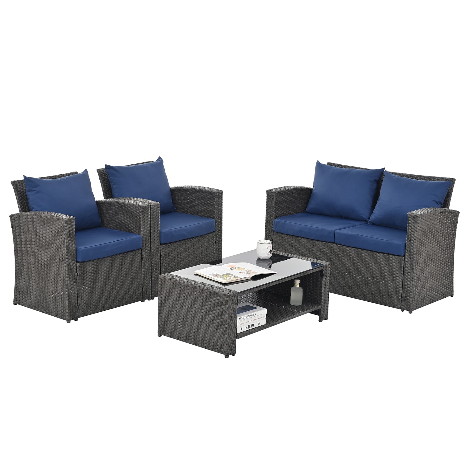Bybafun YB7900021 4 -Piece Rattan Patio Conversation Set with Blue Cushions