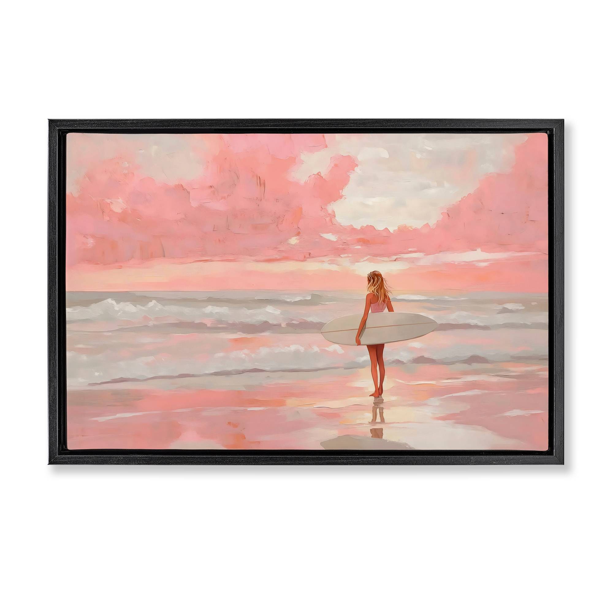 Stupell Industries Pink Sky Surfer Black Floating Frame Canvas Art 31 x 21