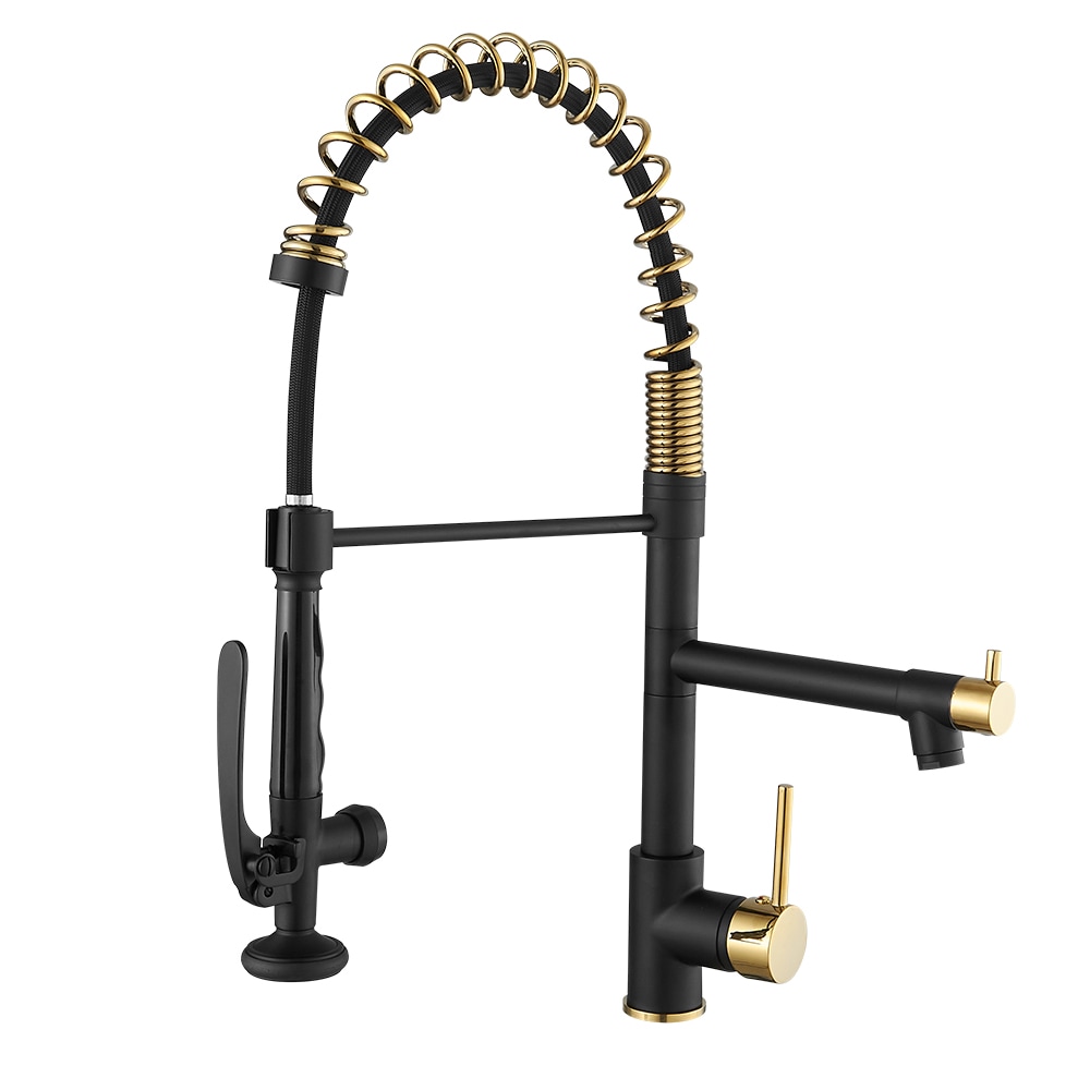 WELLFOR WA9008YH Black and Gold Single Handle Deck-mount Pull-down Kitchen Faucet with Sprayer
