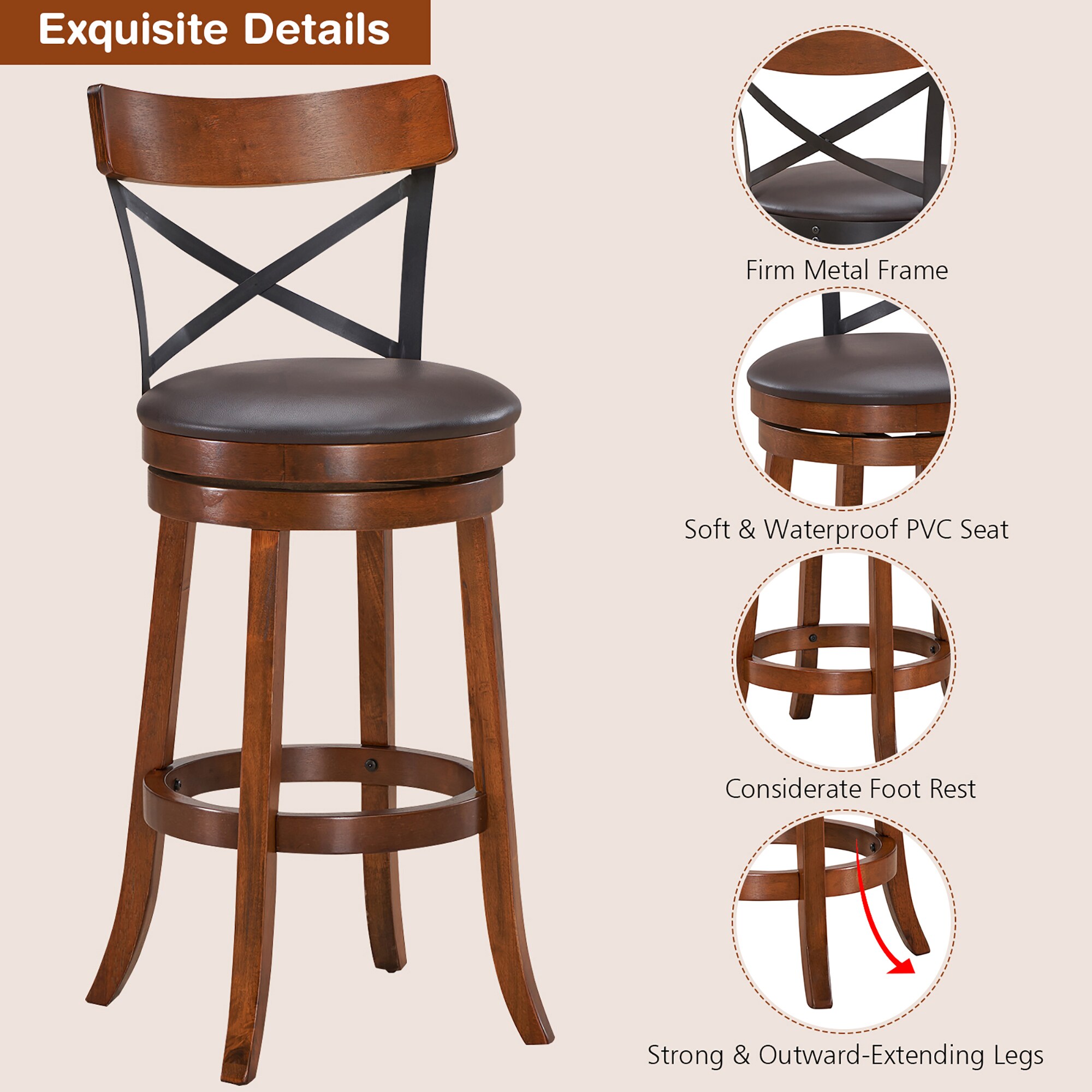 Set of 2 Walnut and Black Swivel Bar Stools with Rubberwood Legs