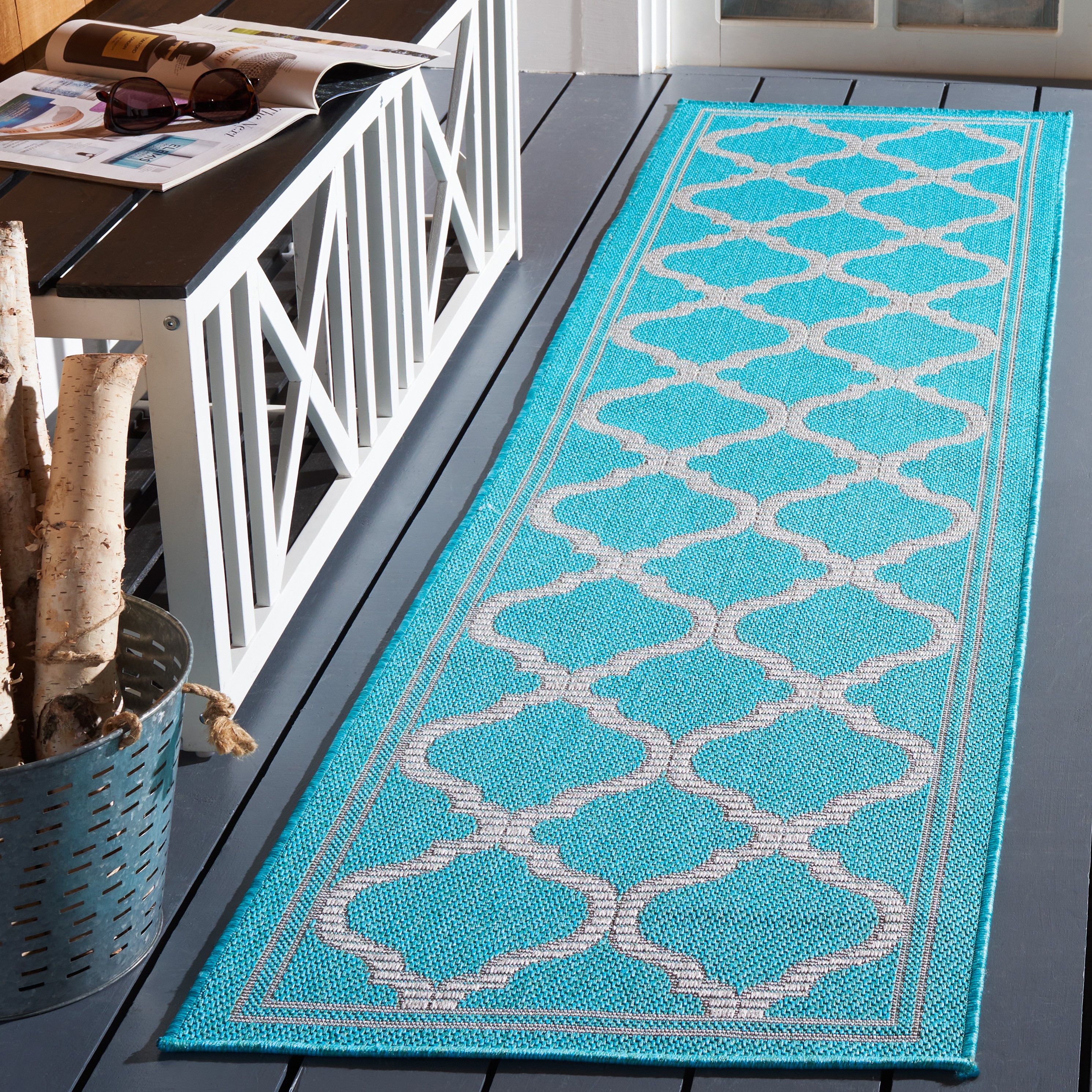 Safavieh BMU810J-28 Bermuda 800 Mercy 2 x 8 (ft) Loomed Polypropylene Aqua/Gray Rectangular Indoor/Outdoor Trellis Farmhouse/Cottage Runner rug