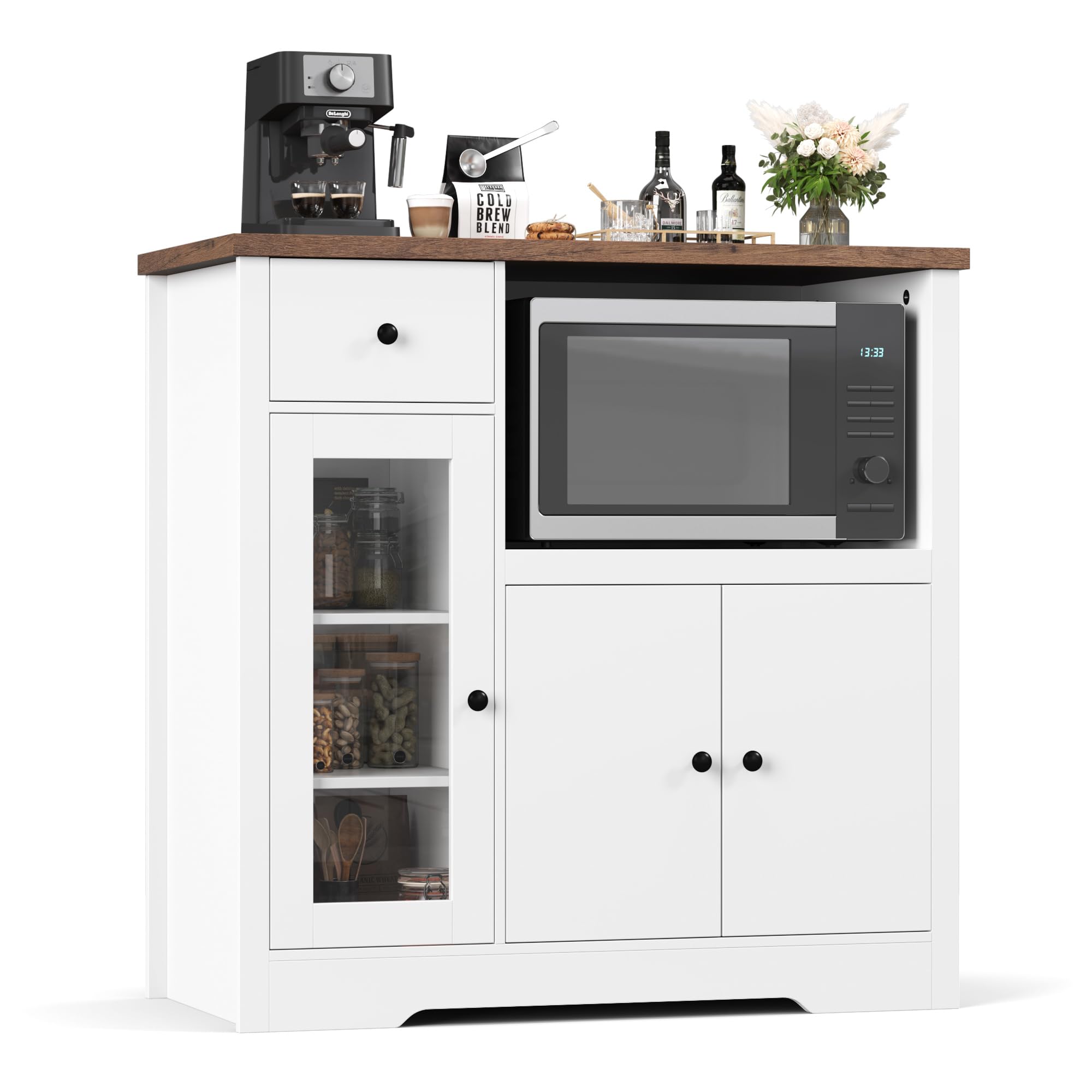 IdealHouse Modern Kitchen Microwave Cabinet with Adjustable Shelves Drawers Glass Doors and Wide Top - Wooden Sideboard Buffet for Dining or Living Room - Pantry Organizer (Walnut and White)