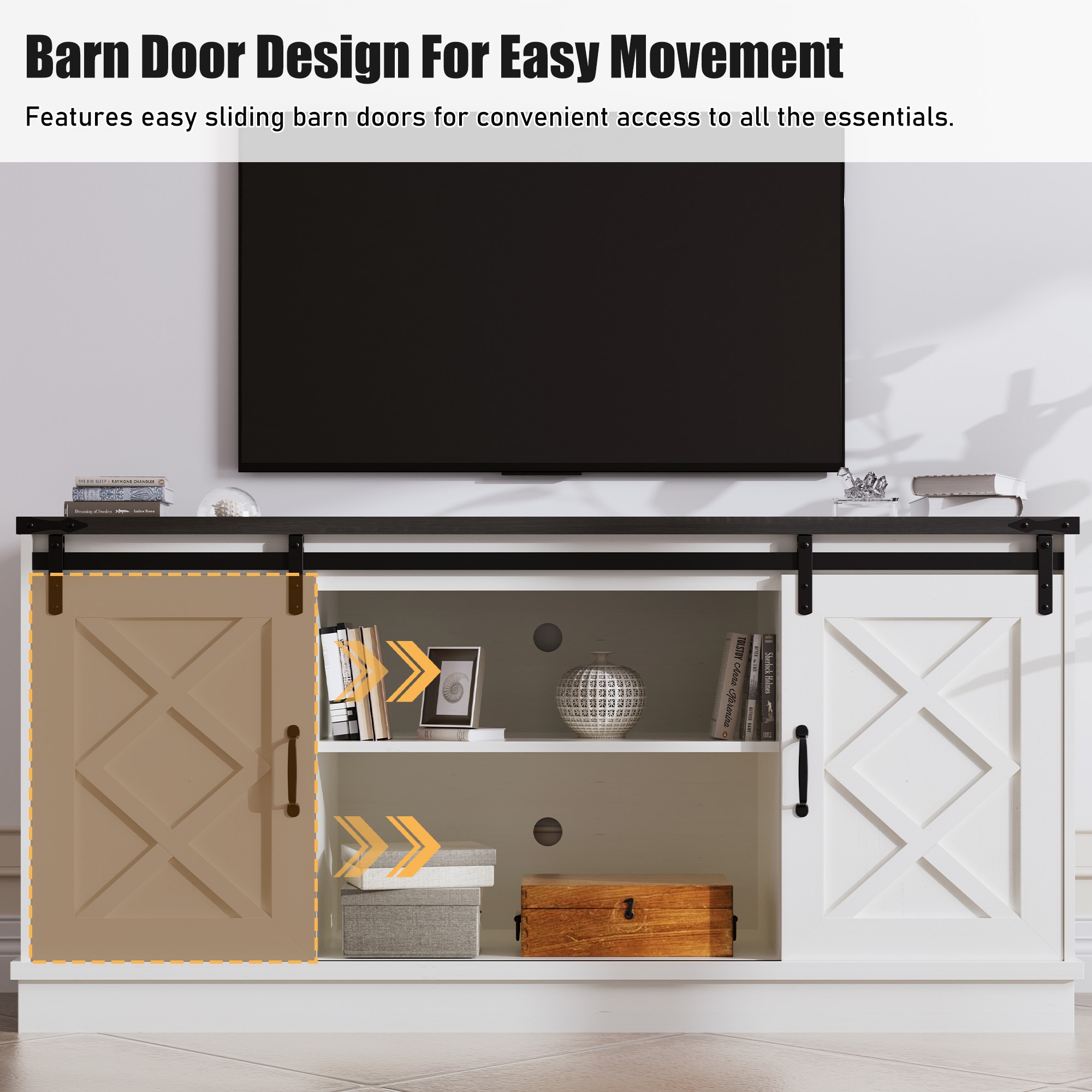 White Farmhouse 58" TV Stand with Sliding Barn Doors