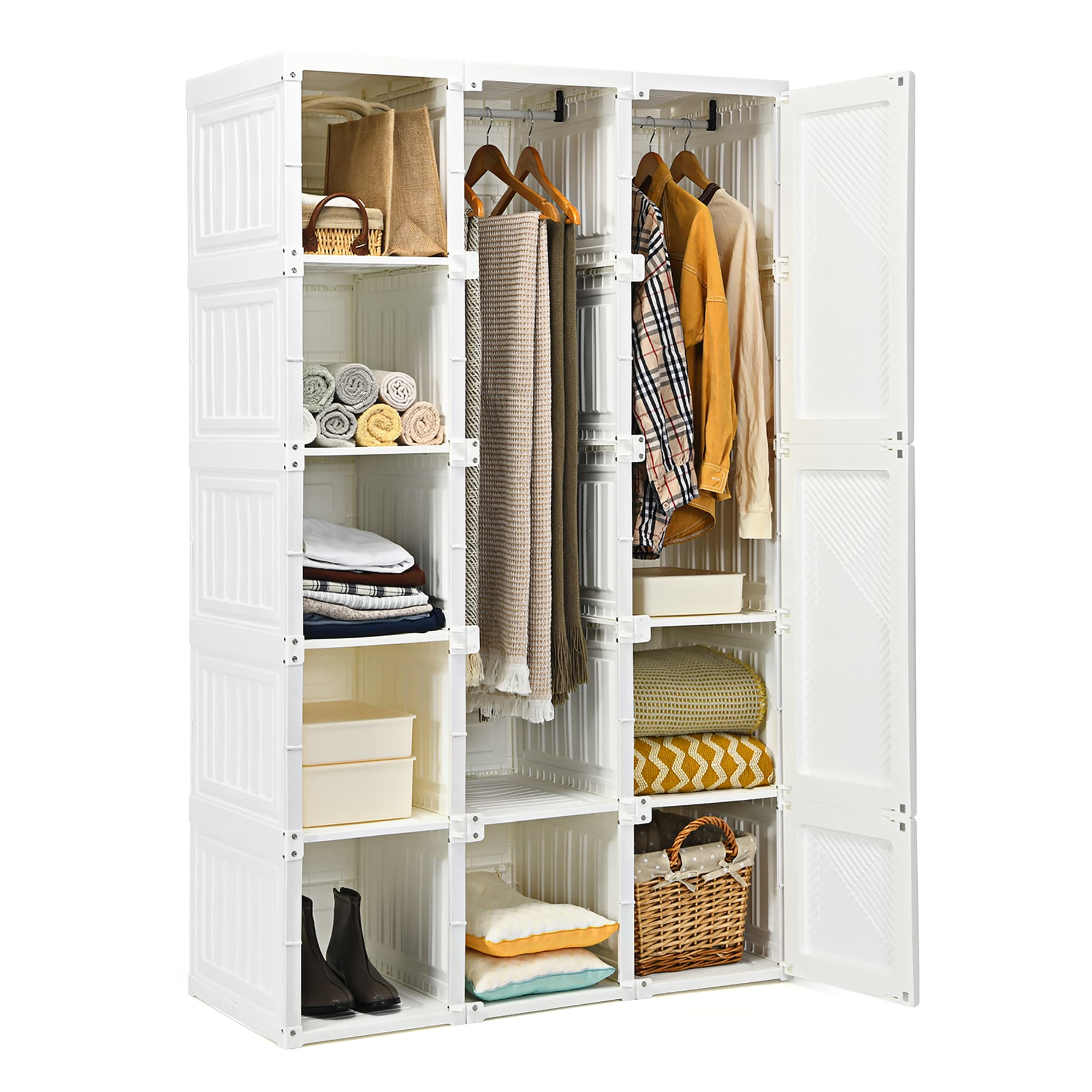 Costway -  Portable Closet Clothes Modern Foldable Armoire Wardrobe Closet with 10 Cubes Hanging ...