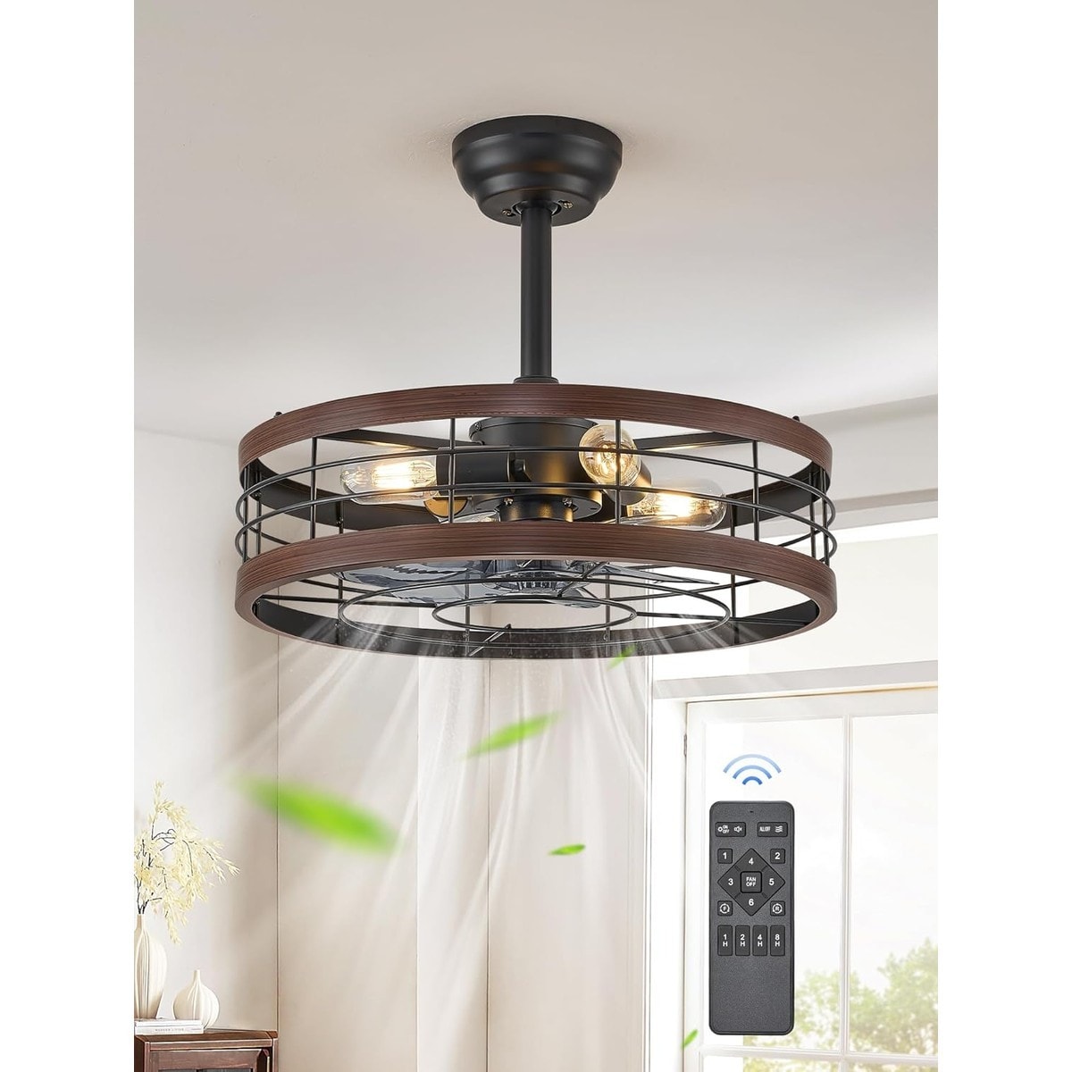 HEKCUIX - Walnut Bladeless Caged Ceiling Fan with Light 20 Inch Remote Control 6 Speed Timer for...