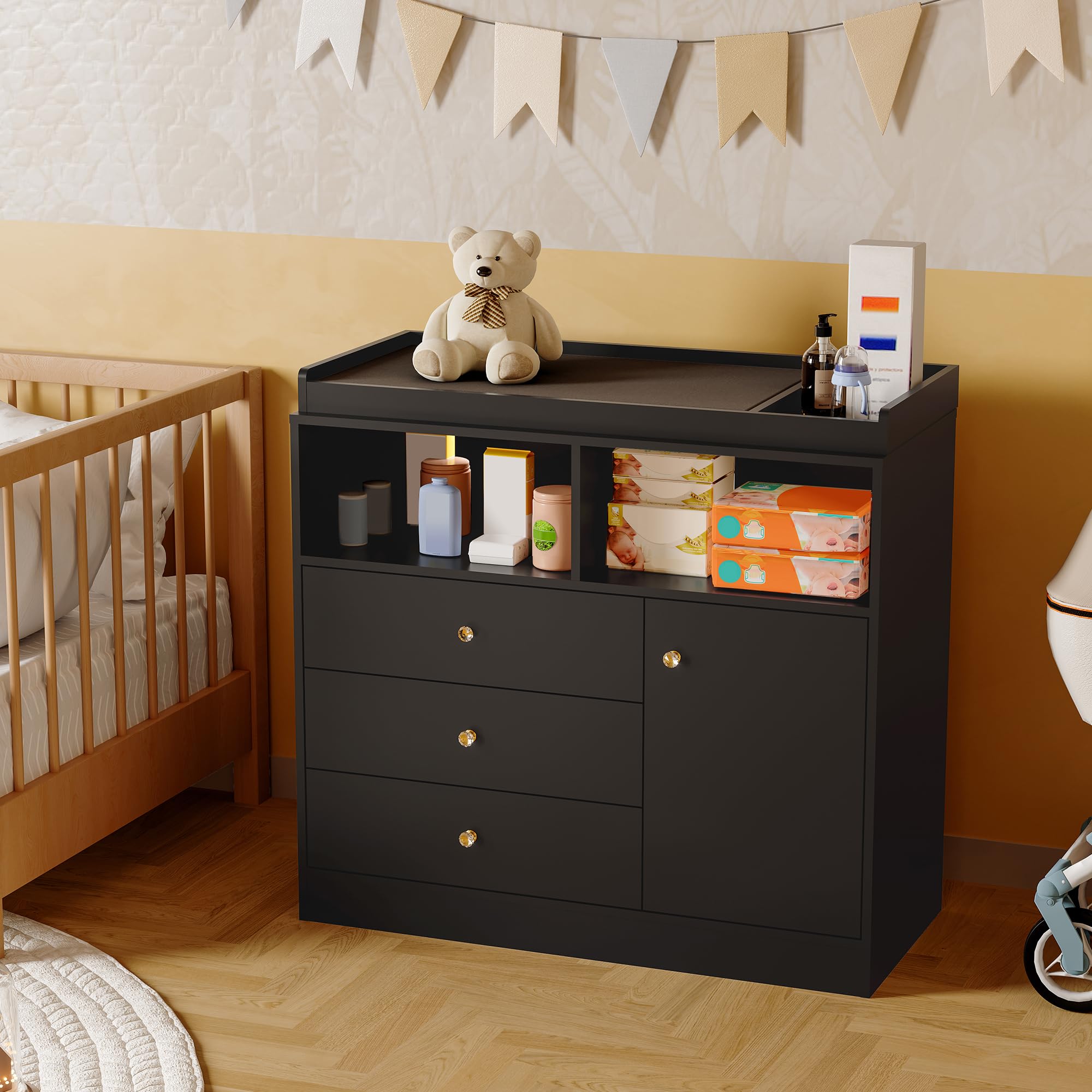 Garvee Nursery Dresser with Changing Table Top - Tall Wooden Diaper Changing Station with 2 Open Shelves 3 Drawers and 1 Cabinet