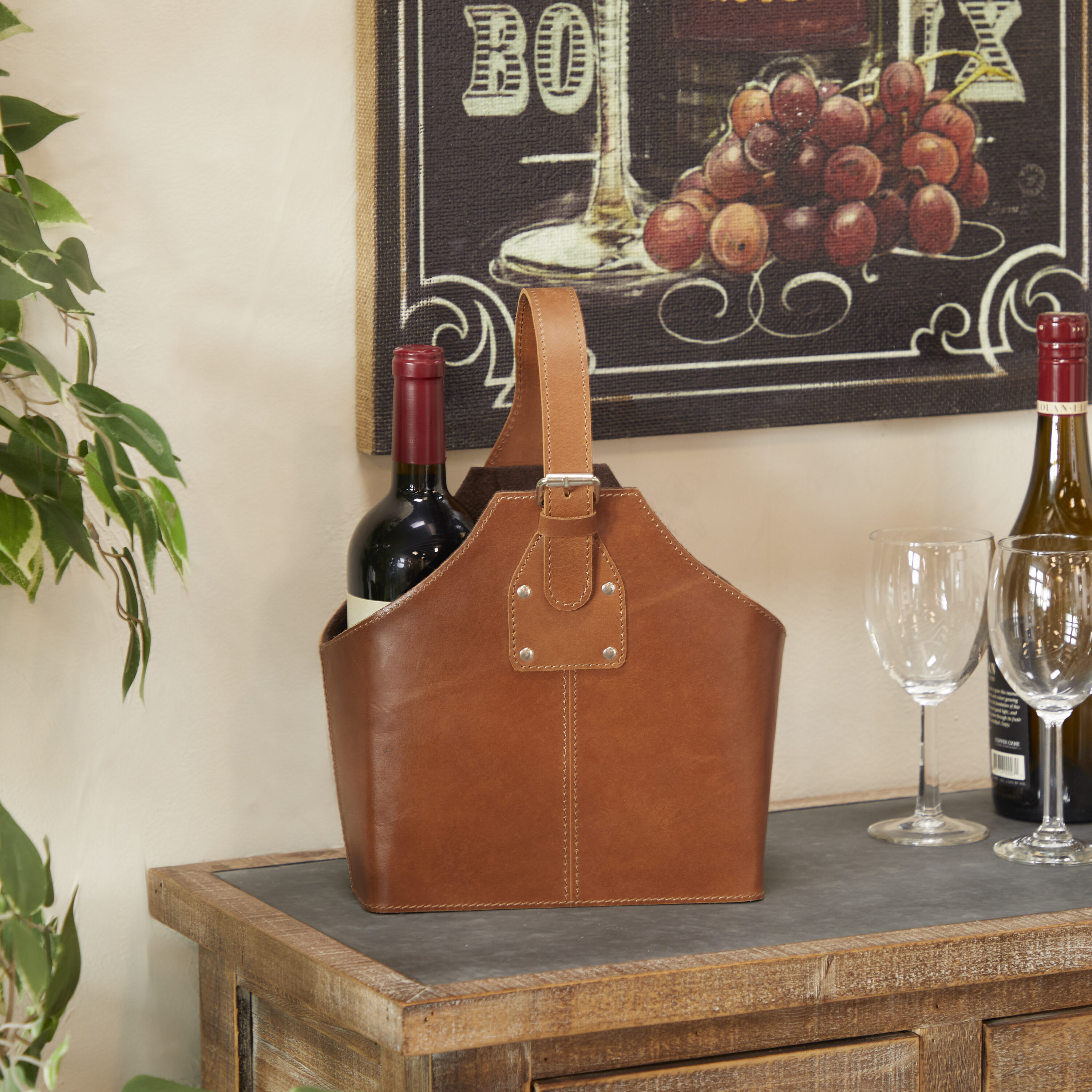 Grayson Lane 43088 2 -Bottle Tan with Carrying Handle Wood Wine rack