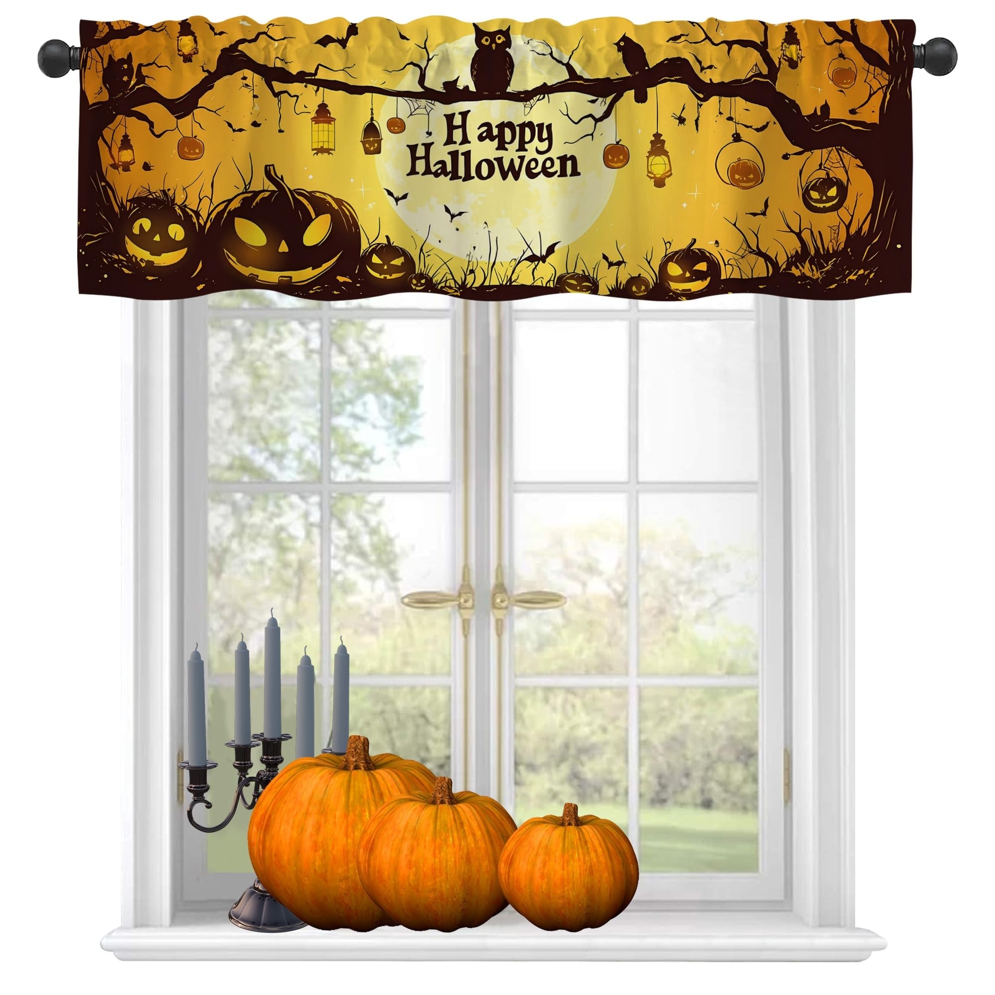 LAIFUCAM  Halloween Window Valance Owl Pumpkin Face Semi Sheer Curtain Rod Pocket Light Filtering Short Panel for Kitchen Bedroom 54 x 18 Inch 1