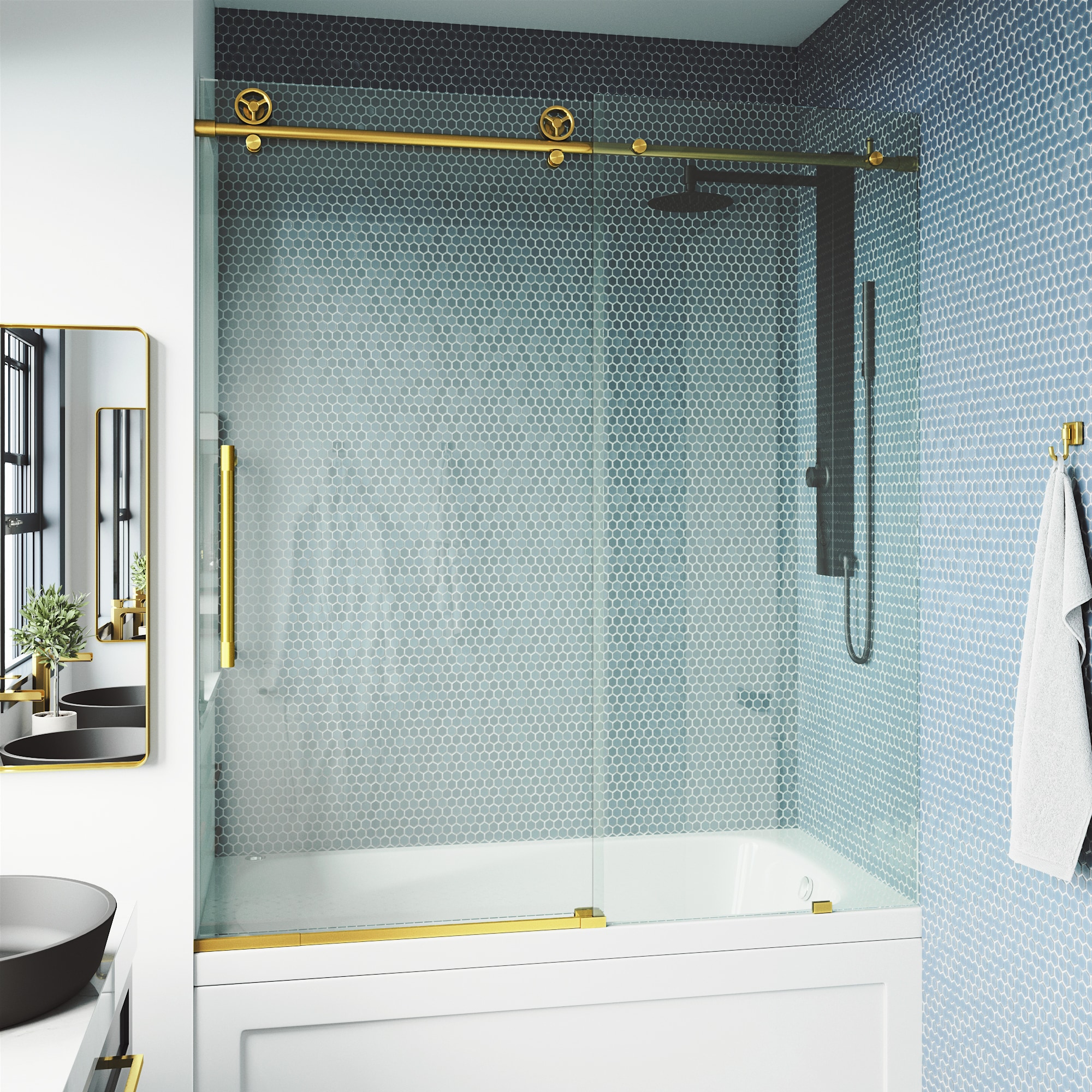 VIGO VG6044MGCL6066 Elan Cass Aerodynamic Matte Brushed Gold 56-in to 60-in W x 66-in H Frameless Sliding Bathtub door