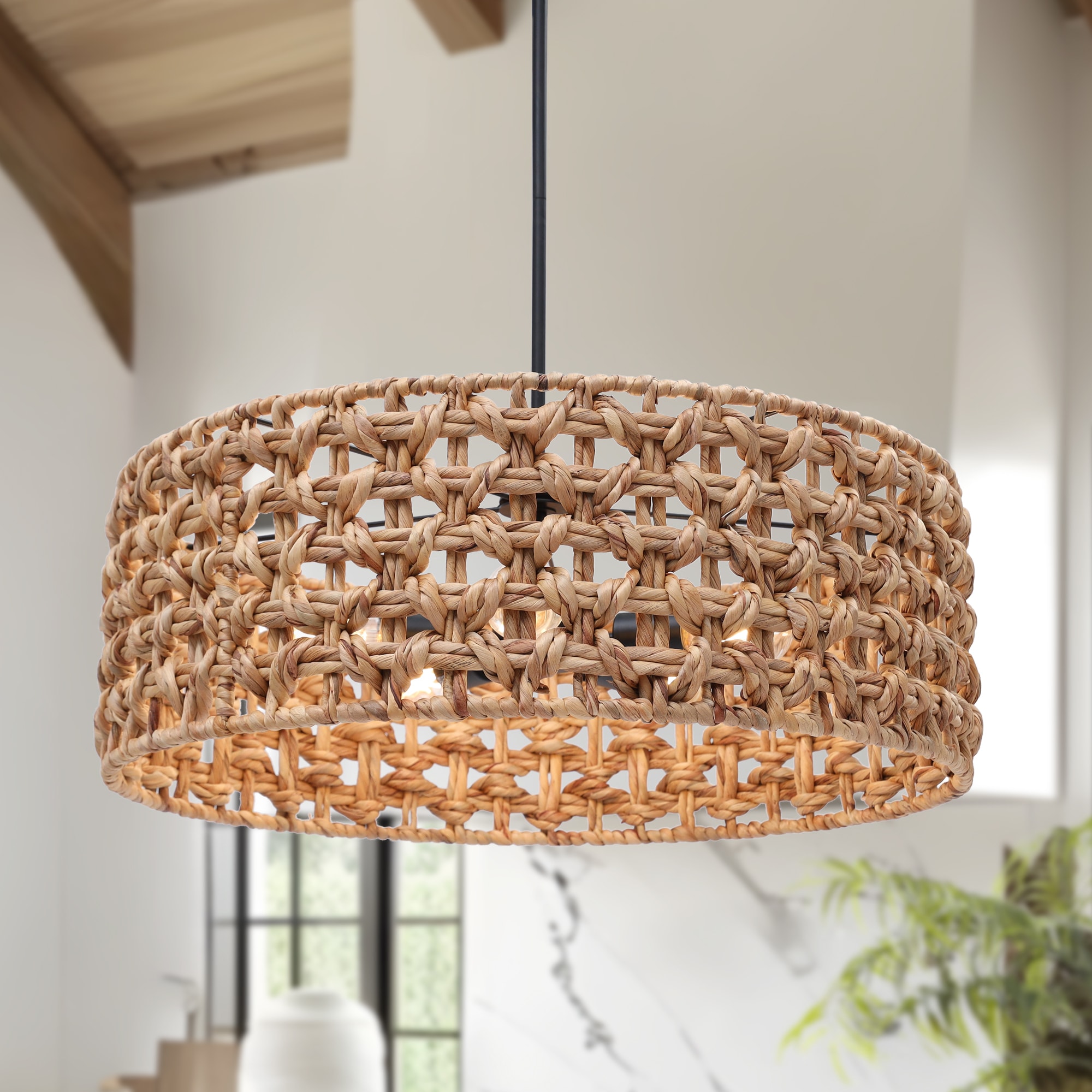 LNC LY3632E5377C9C Despampanante 5 -Light 26'' Matte black and Brown Rattan Farmhouse Drum Medium Hanging Pendant light