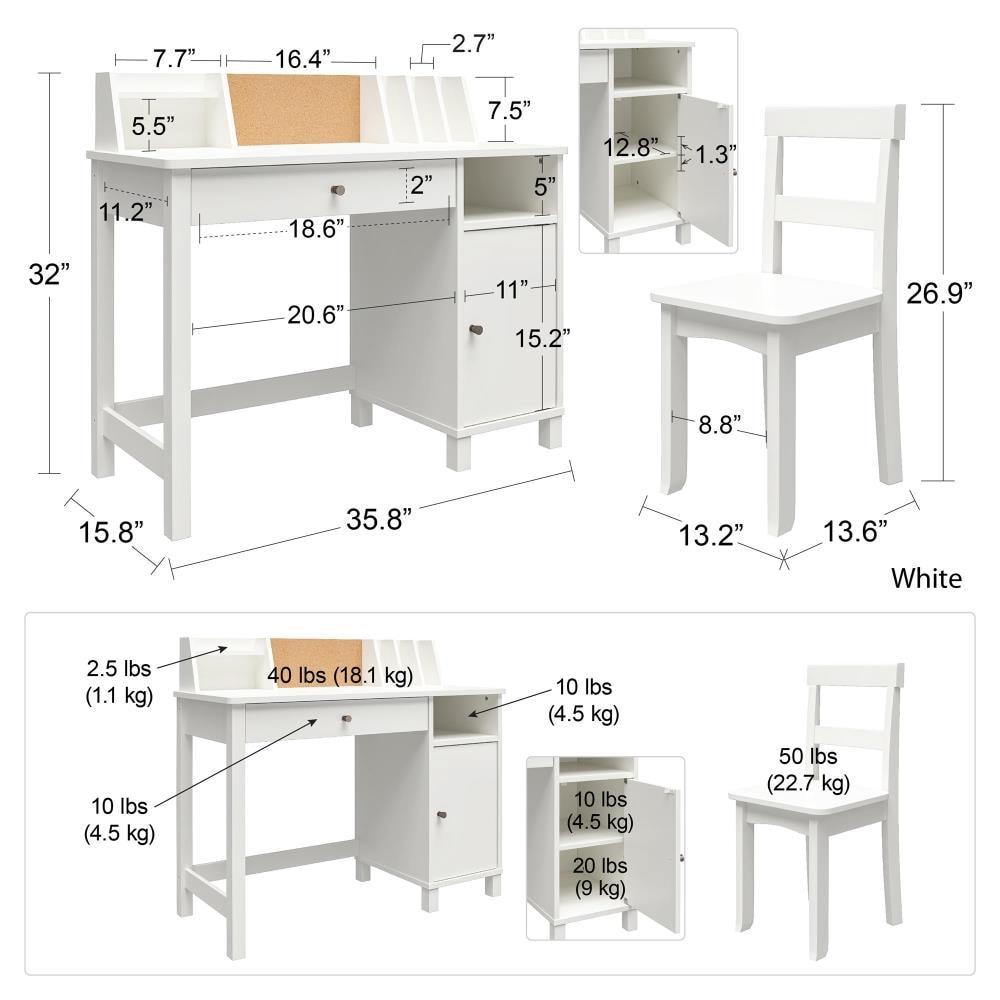 Ameriwood Home Abigail 35.75-in White Kids Student Desk with Chair ...