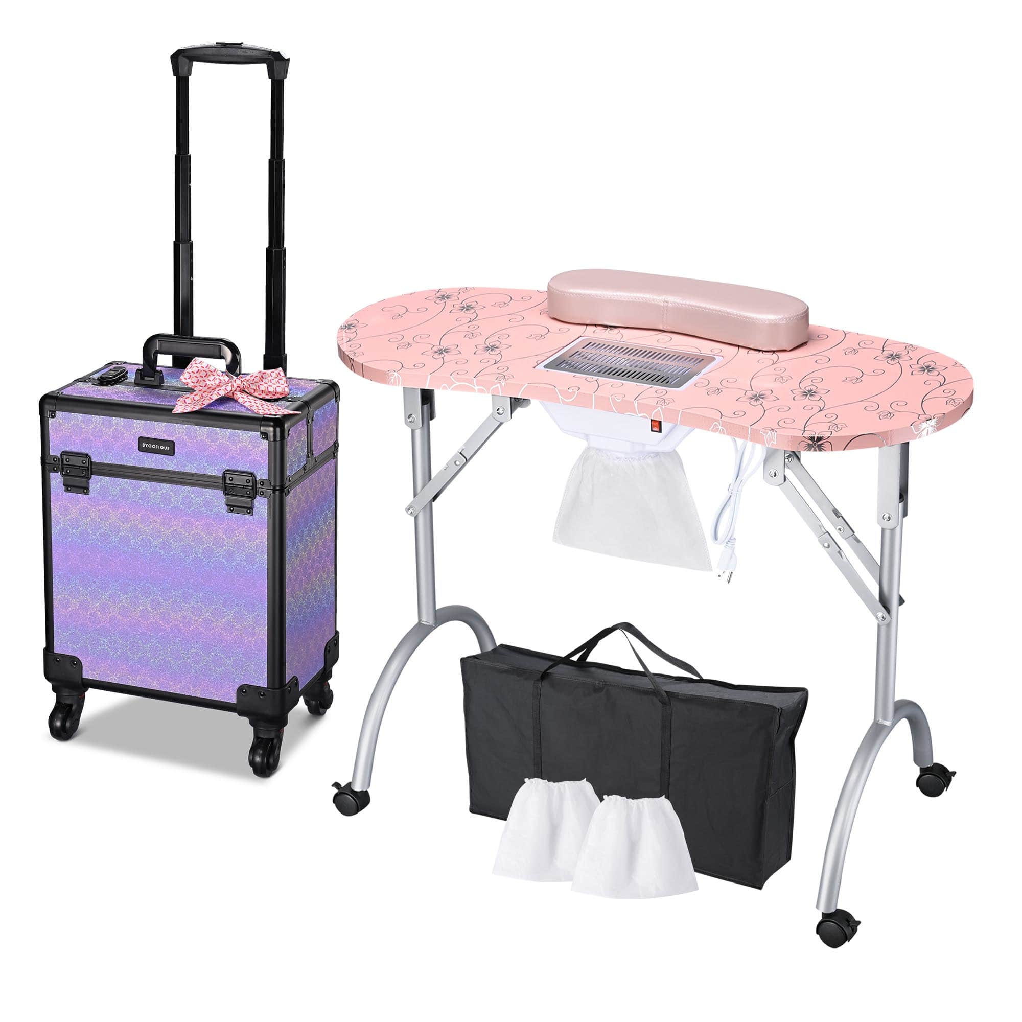 Yescom 12NATSET002-M28F5-LO Byootique Folding Manicure Table and Rolling Makeup Train Case Charm ForgetMeNot