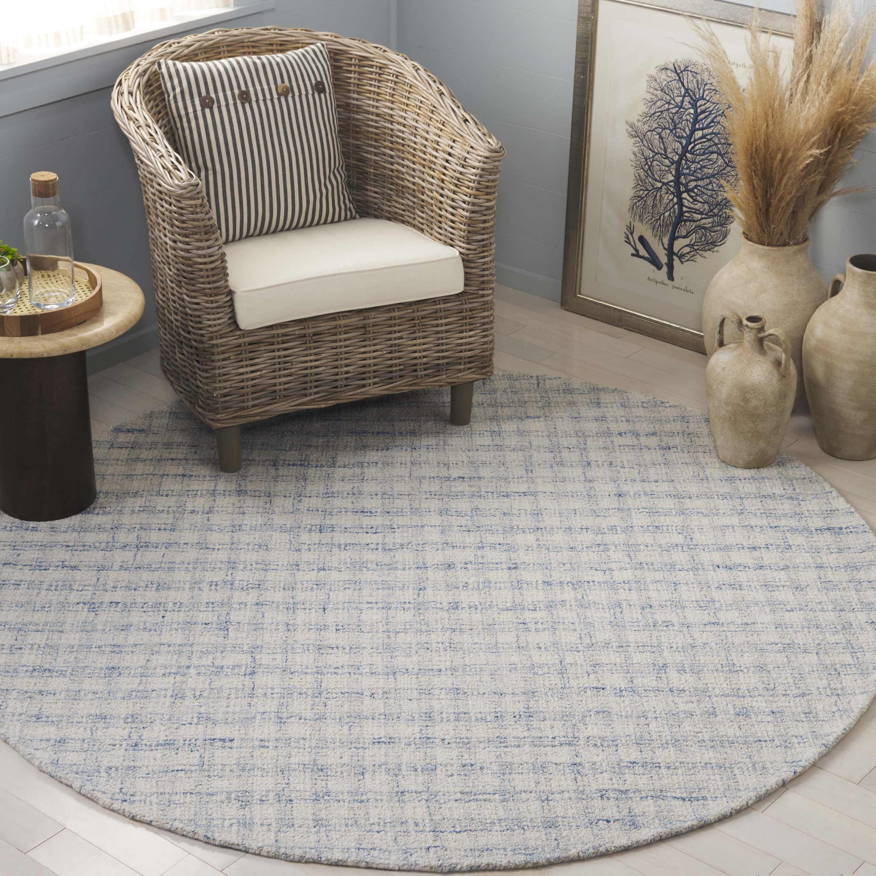  Ebony 140 Blue/Ivory Contemporary 6ft x 6ft Round Rug