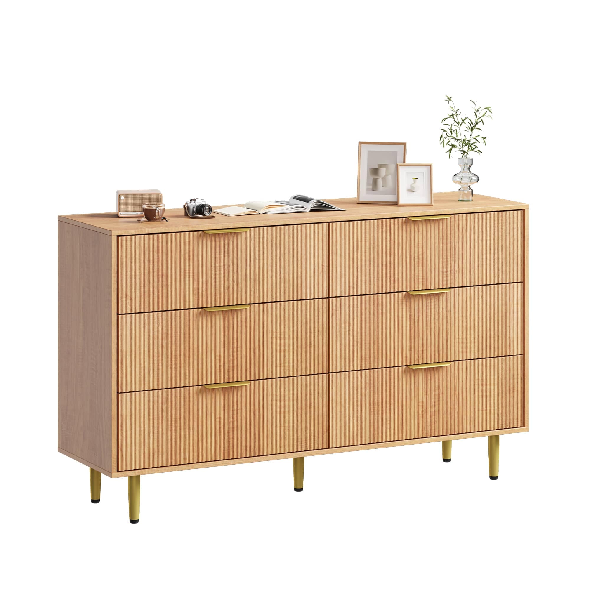 Qeetex SUN-PHK-34E4QN9A Modern Fluted Drawer Dresser Wood Chest of Drawers with Metal Handles and Legs Storage Organizer