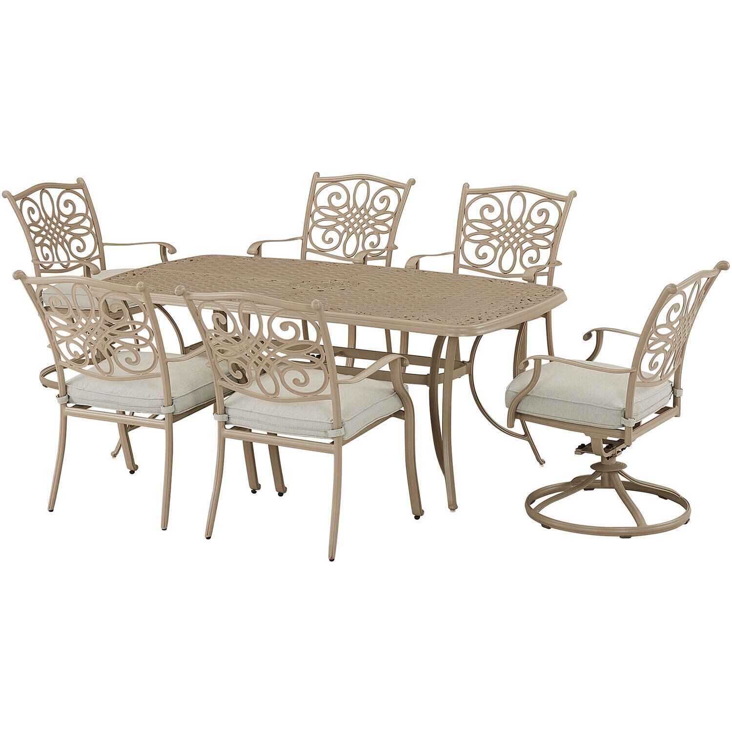 Hanover TRADDNS7PCSW2-BE Traditions 7-Piece Tan Patio Dining Set Aluminum Rectangle Table with 6 Tan Cushions Stationary Chairs