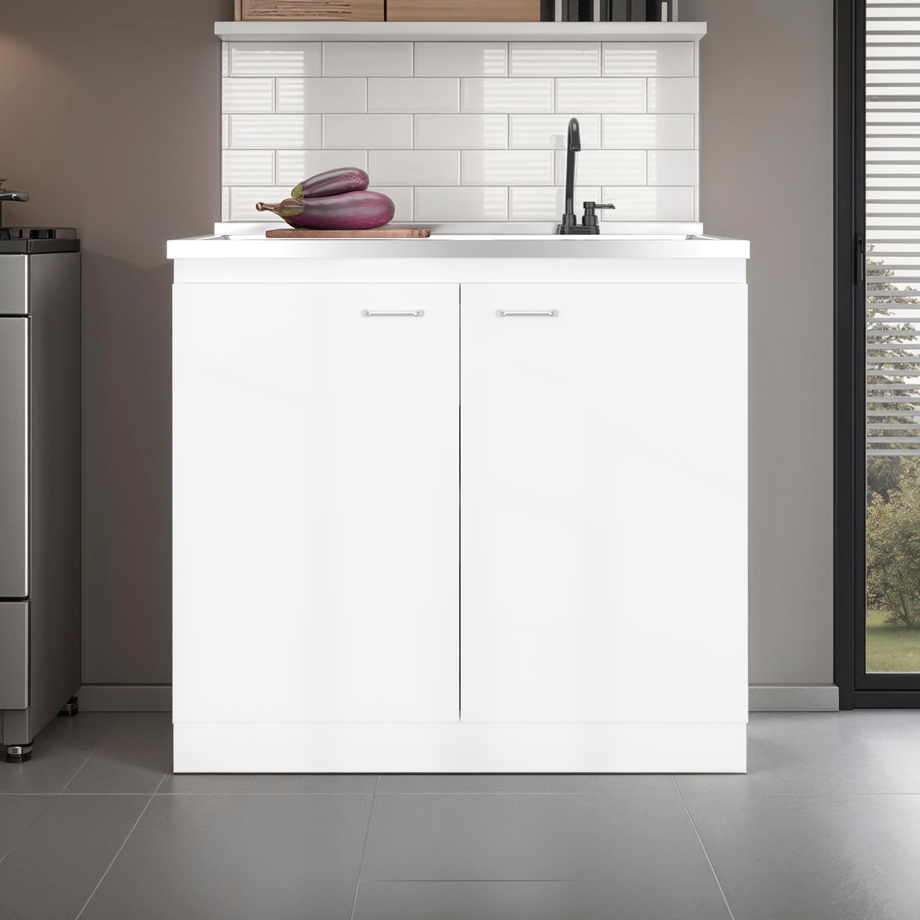RITSU - 35.4 in White Melamine Freestanding Utility Sink Cabinet 2 Door Cabinet Interior Shelf S...