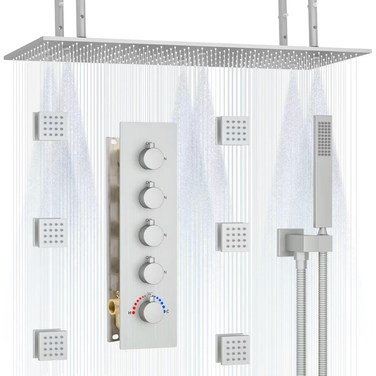 CYIKE  Brushed Nickel Rainfall Mist Luxury Shower System Large Dual Function Ceiling Shower Head with Body Jets and Handheld Spray Thermostatic