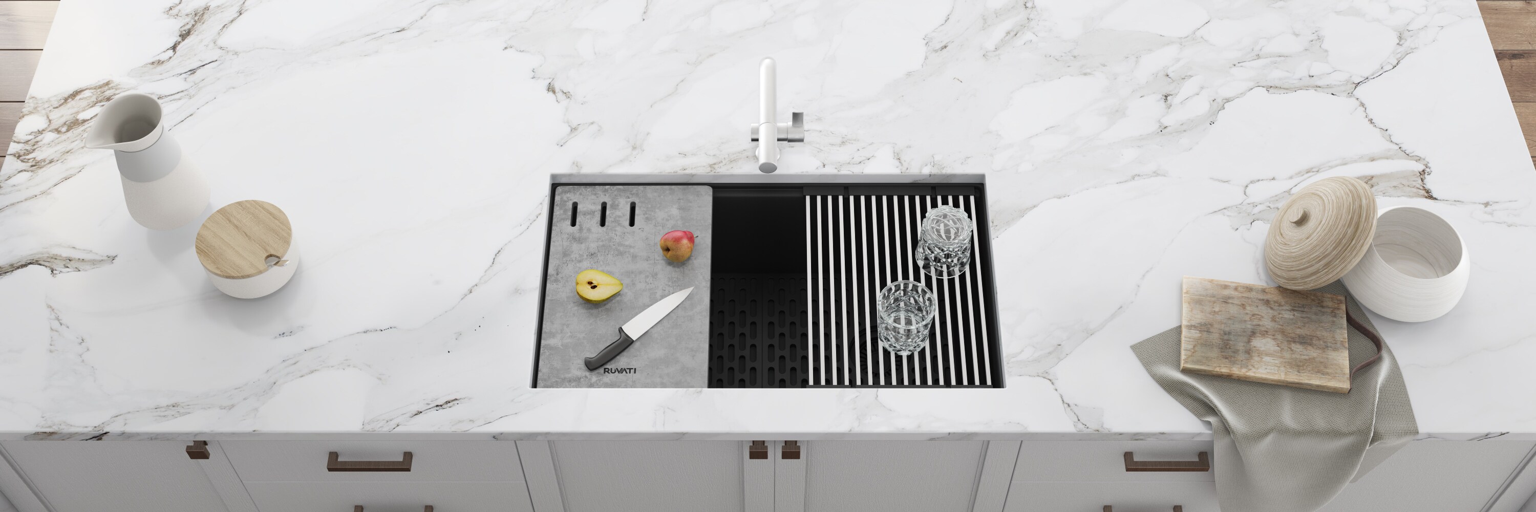 Midnight Black Granite Composite Drop-in Kitchen Sink with Workstation