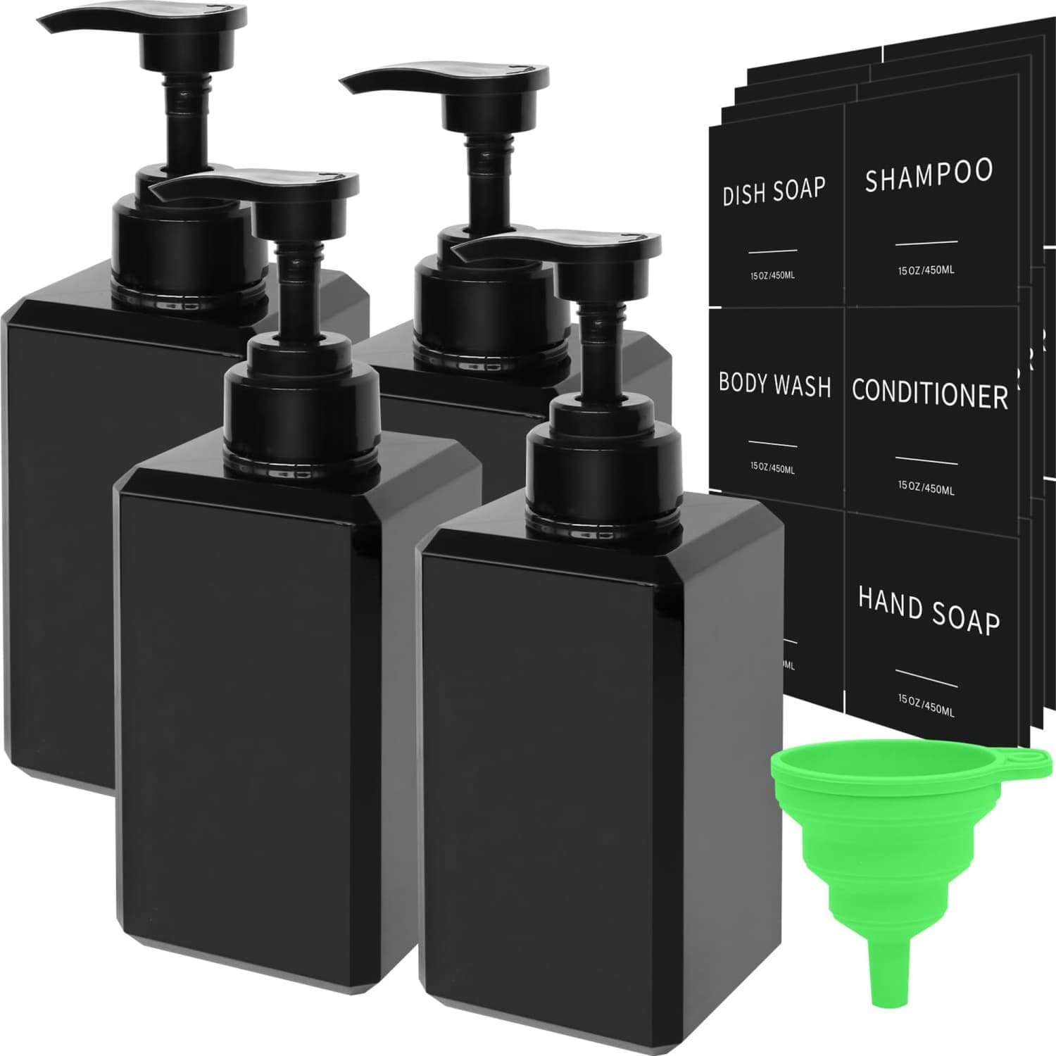 Angel Sar - 15-oz 4-Pack Black Plastic Soap Dispenser Set with Waterproof Labels for Bathroom Kit...