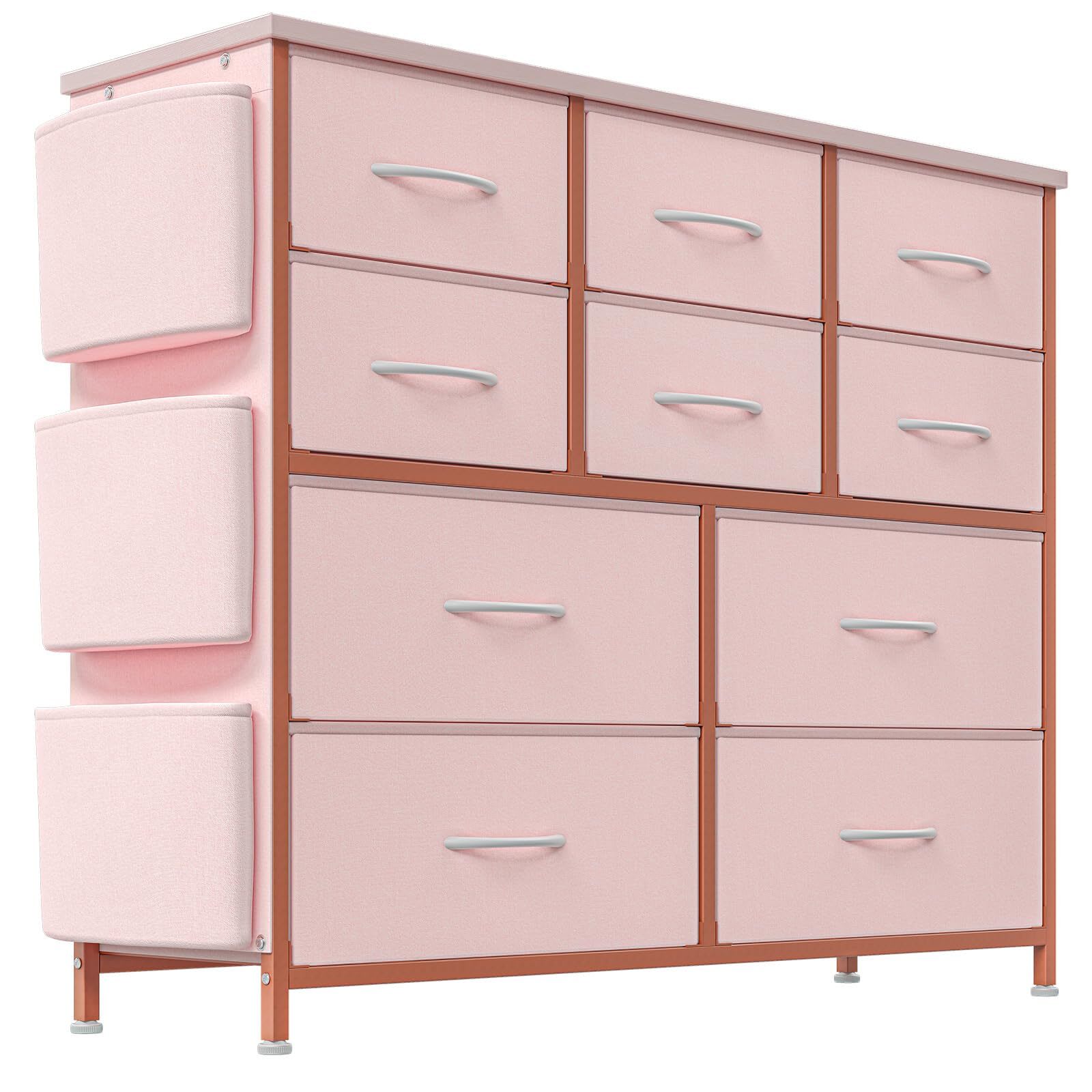 Qeetex HHYLS-PHO0WOL50G4 Multifunctional Drawer Tower Spacious Storage with 10 Drawers Fabric Pockets Hooks Sturdy Steel Frame Waterproof Wood Top Anti-Tip Safety Easy Assembly