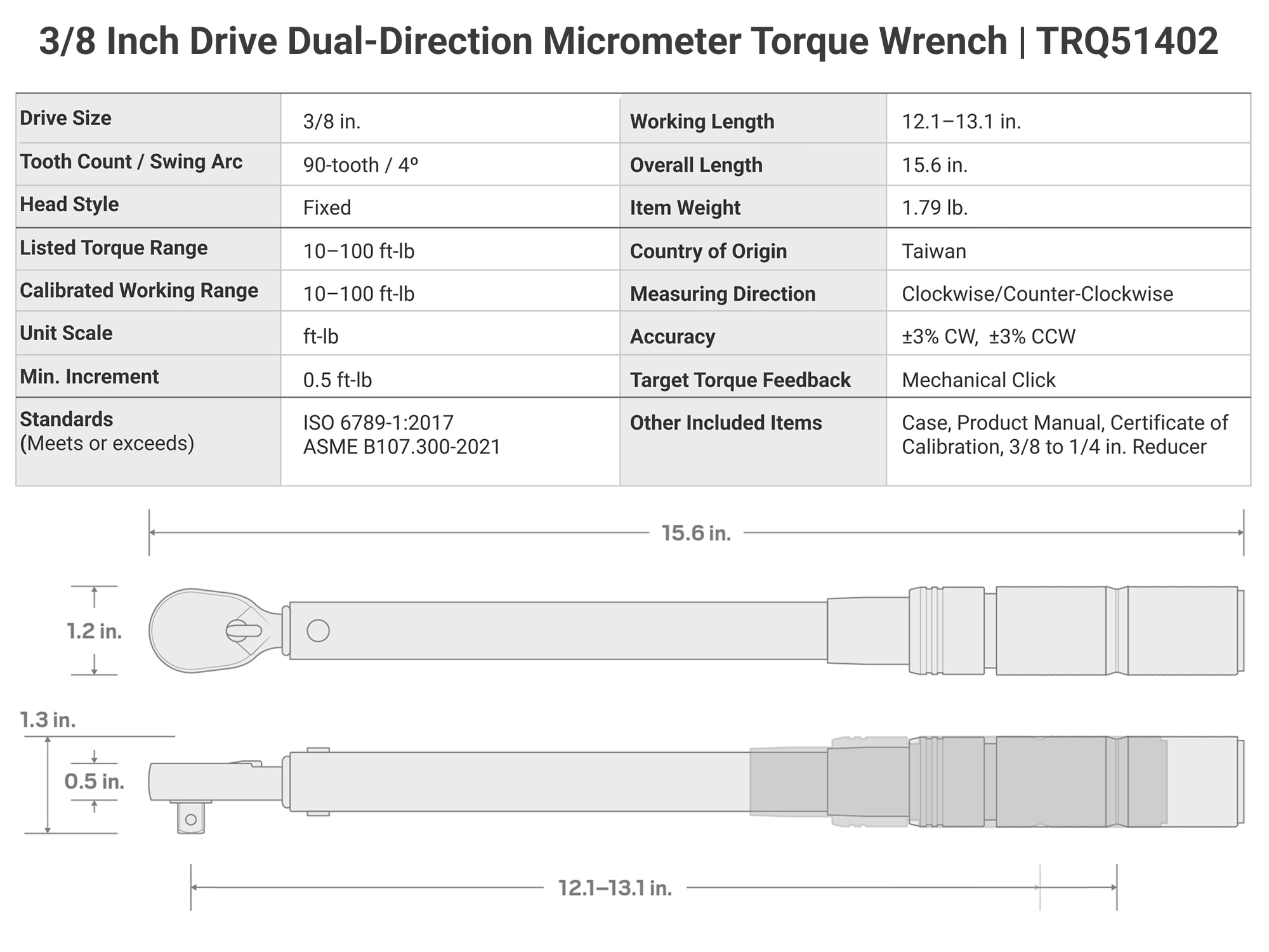 TEKTON 3/8-in Drive Micrometer Torque Wrench 10-ft/lb to 100-ft/lb