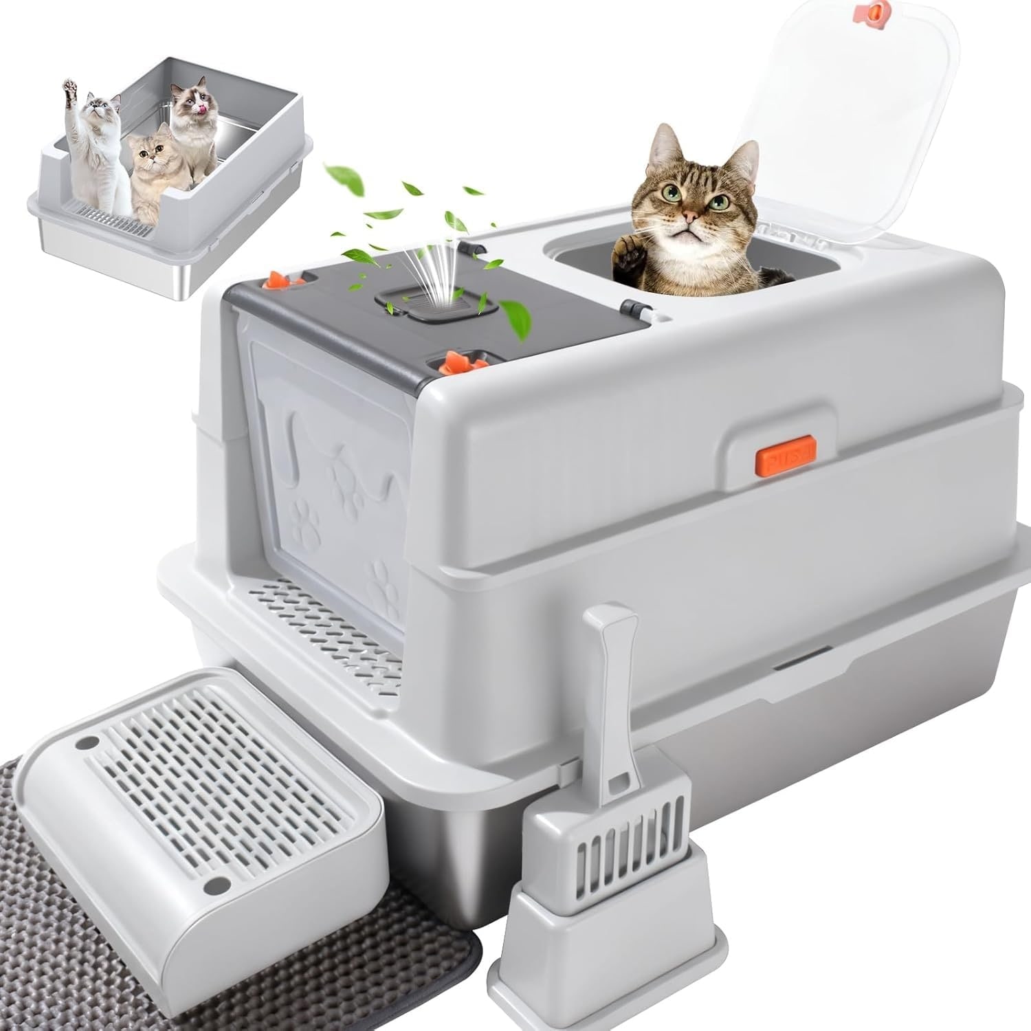 Vrbgify -  XXXL Stainless Steel Cat Litter Box with Lid Extra Large Enclosed for Big Cats Multi C...