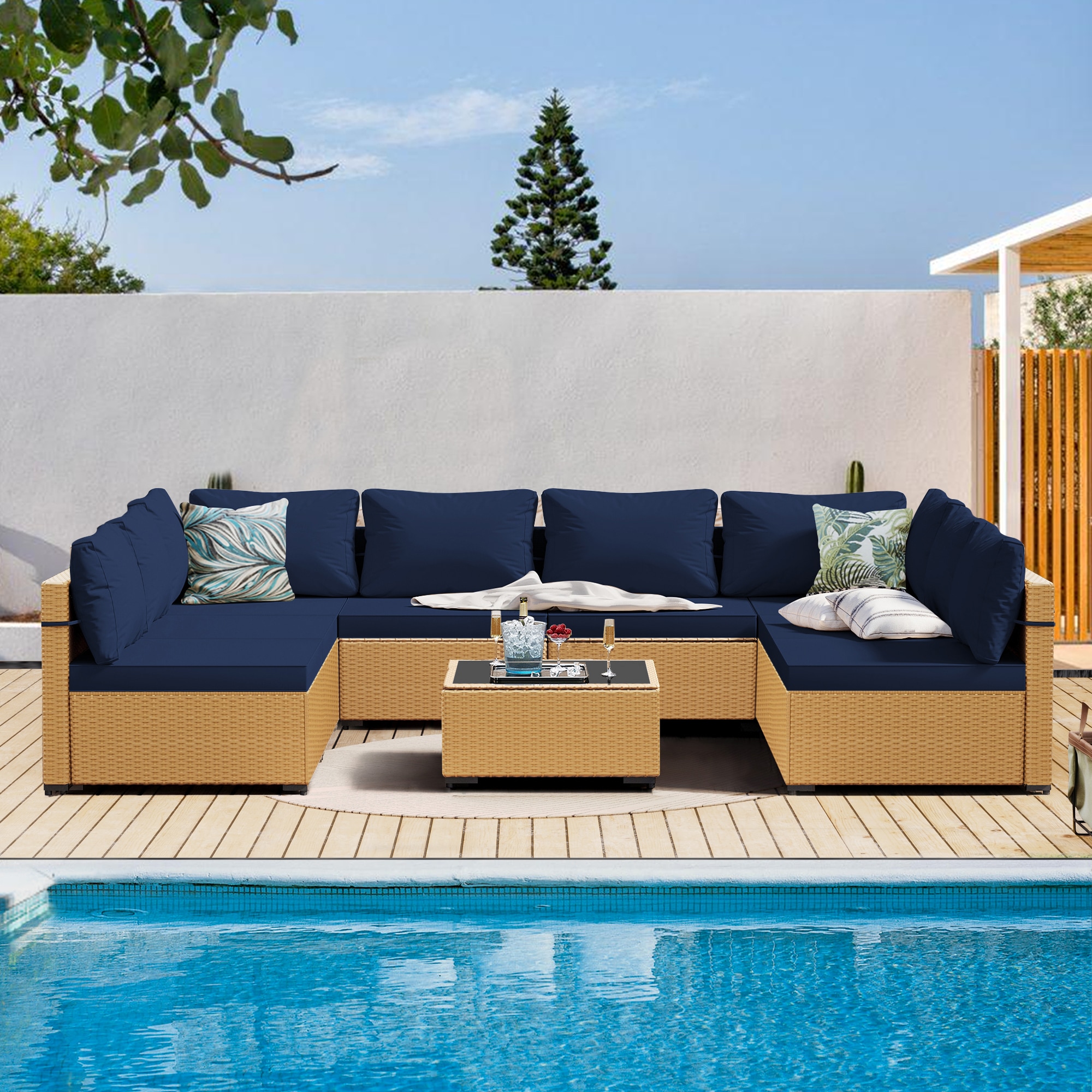 Patio Watcher RT-OD9-Y2-4 9 -Piece Rattan Patio Sofa Conversation Set with Blue Cushions