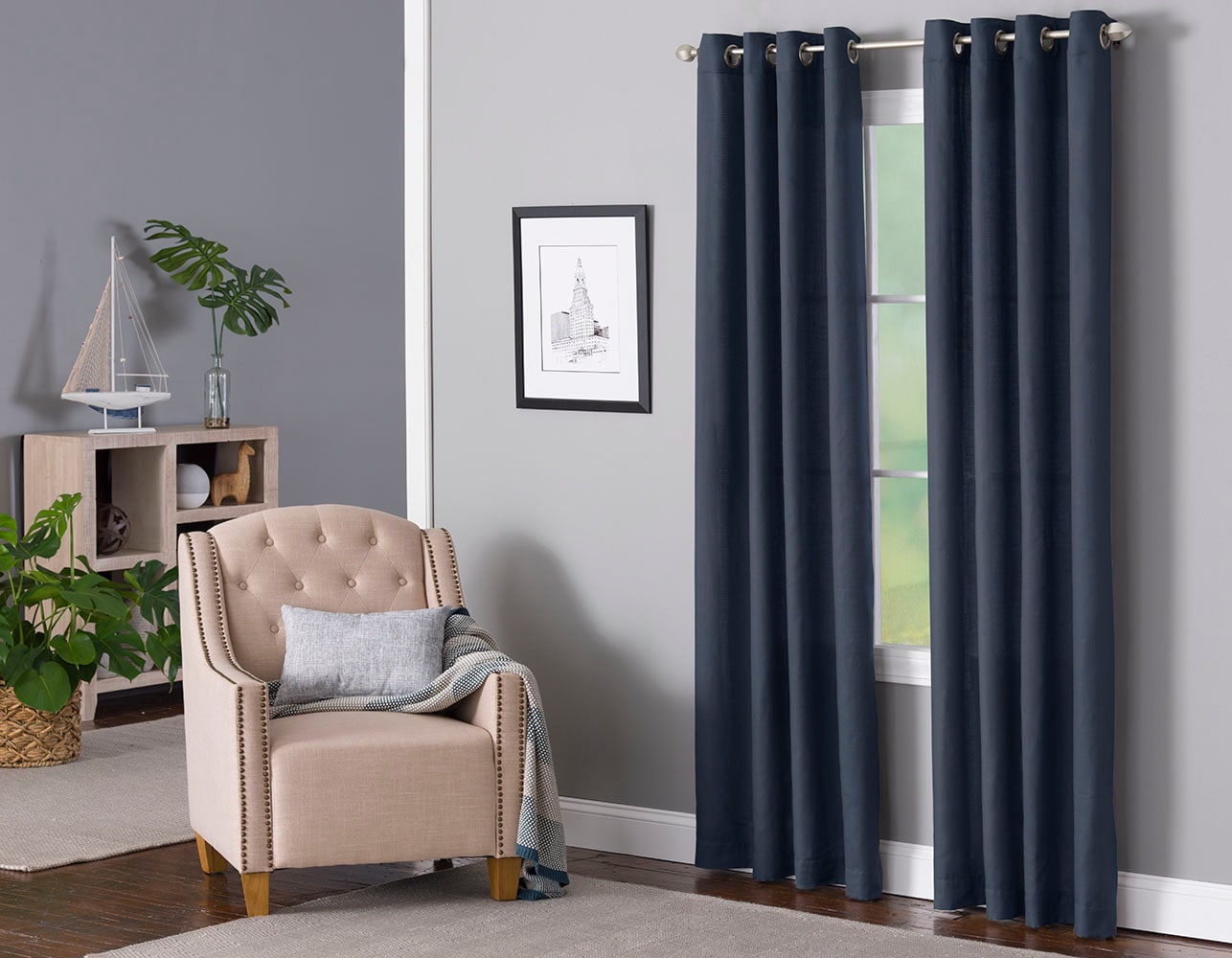 LIVING LOGIC 63-in Navy Light Filtering Grommet Single Curtain Panel