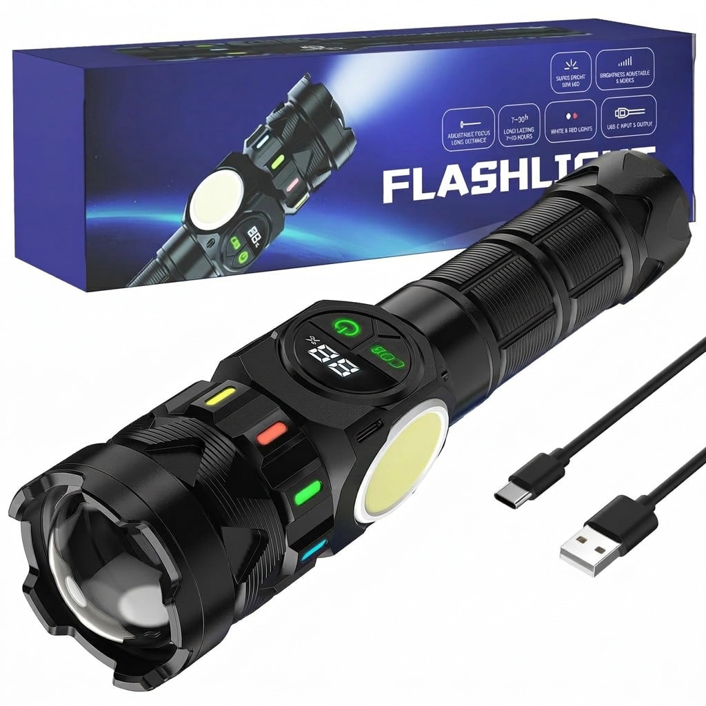 Justincity Rechargeable Flashlight 100000 Lumens 8.11 Inch LCD Display 50W LED USB C Charge Dual Light Modes Red Light 1 Piece #LJT0502F28