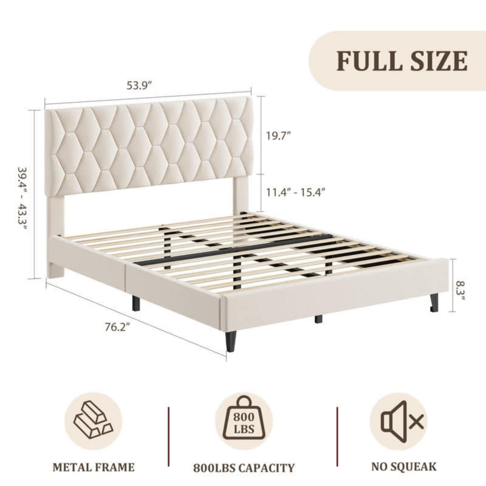 CXVX Full Size Platform Bed Frame With Upholstered Headboard And Wingback, Mattress Foundation With Wooden Slat Support, No Box Spring Needed, Easy Assembly, Noise Free, Light Grey