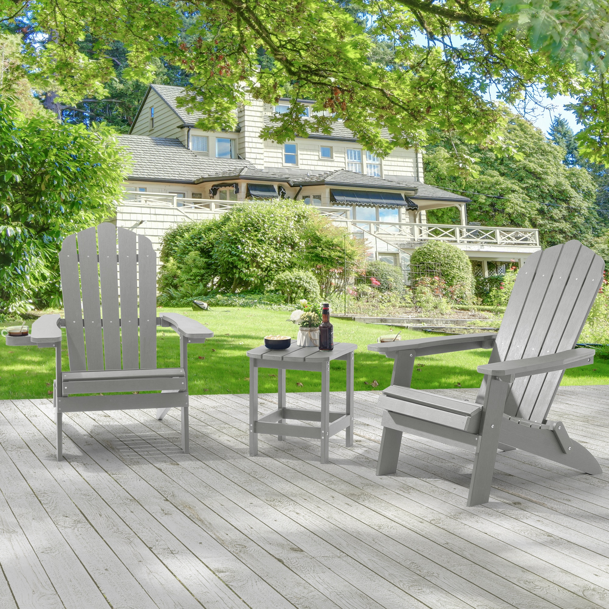 ACEGOSES LW-FD66-LY-2 Foldable Adirondack Chair Set of 2 Light Gray HDPE Frame Stationary Adirondack Chair with Slat Seat