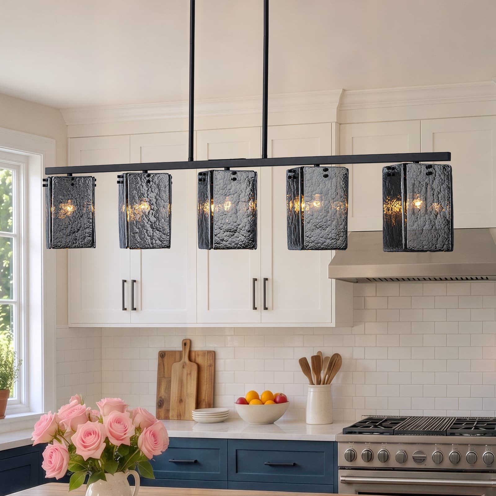 Kofara 47-in Black Linear Large Hanging Kitchen Island Light with Smokey Gray Glass