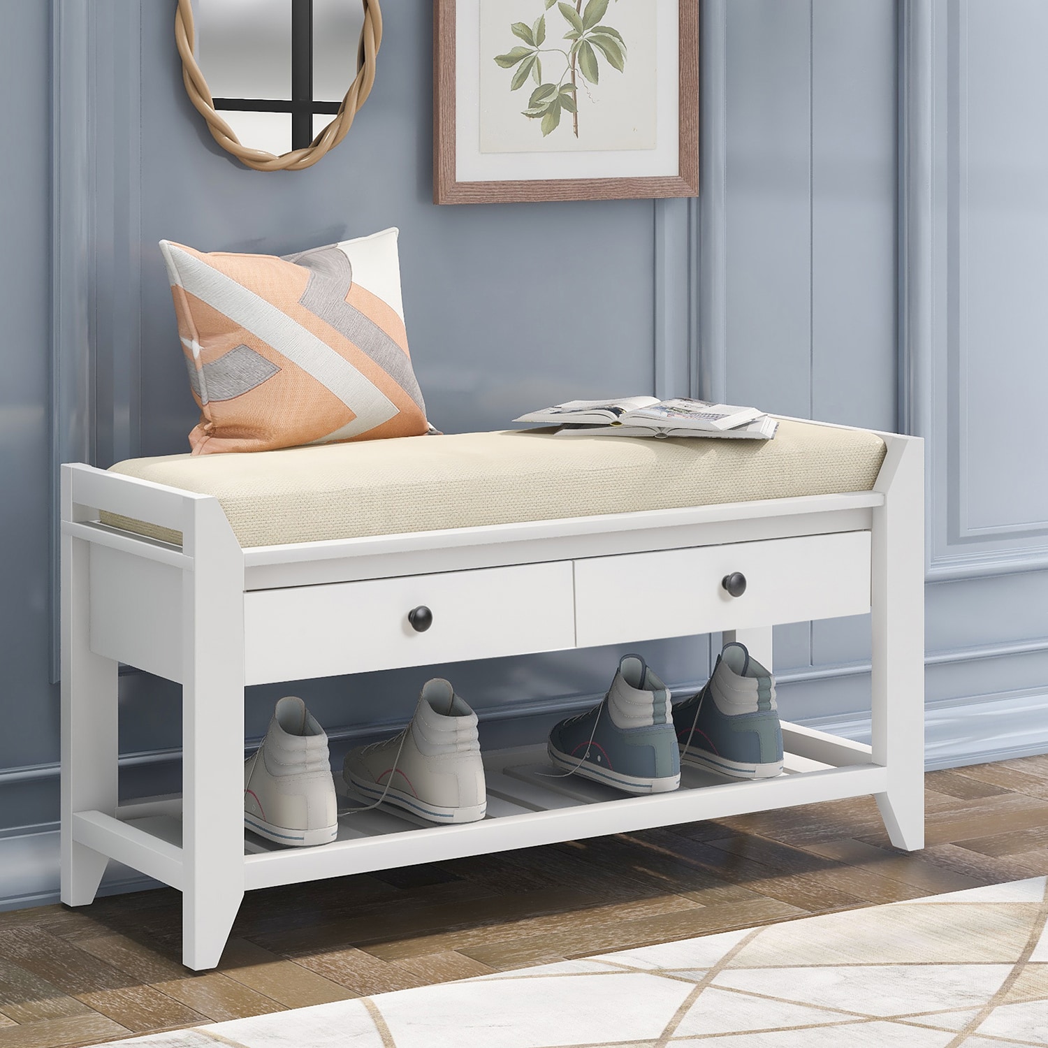 Mondawe MO-TR5386K Farmhouse White Storage Bench with Storage 35.4-in x 14-in x 19.8-in